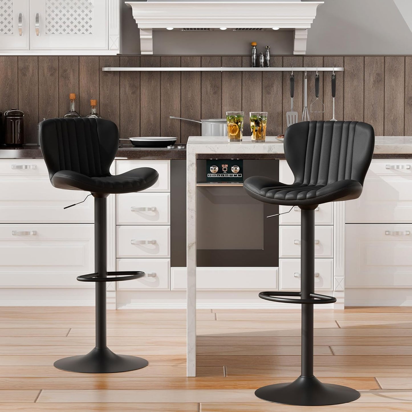 Shintenchi Bar Stools Set of 2 Modern Swivel Bar Chairs, Counter Height Faux Leather Metal Barstools, Upholstered Island Chairs with Back and Footrest, Black