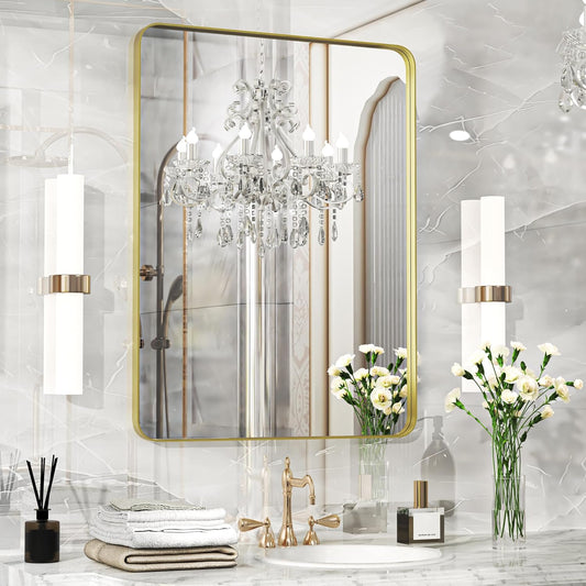 Fun Memories Gold Bathroom Mirror 23x32 Inch Bathroom Vanity, Metal Black Frame Large Mirror, Modern Wall Mirror for Bathroom, Tempered Glass, Farmhouse, Horizontally or Vertically