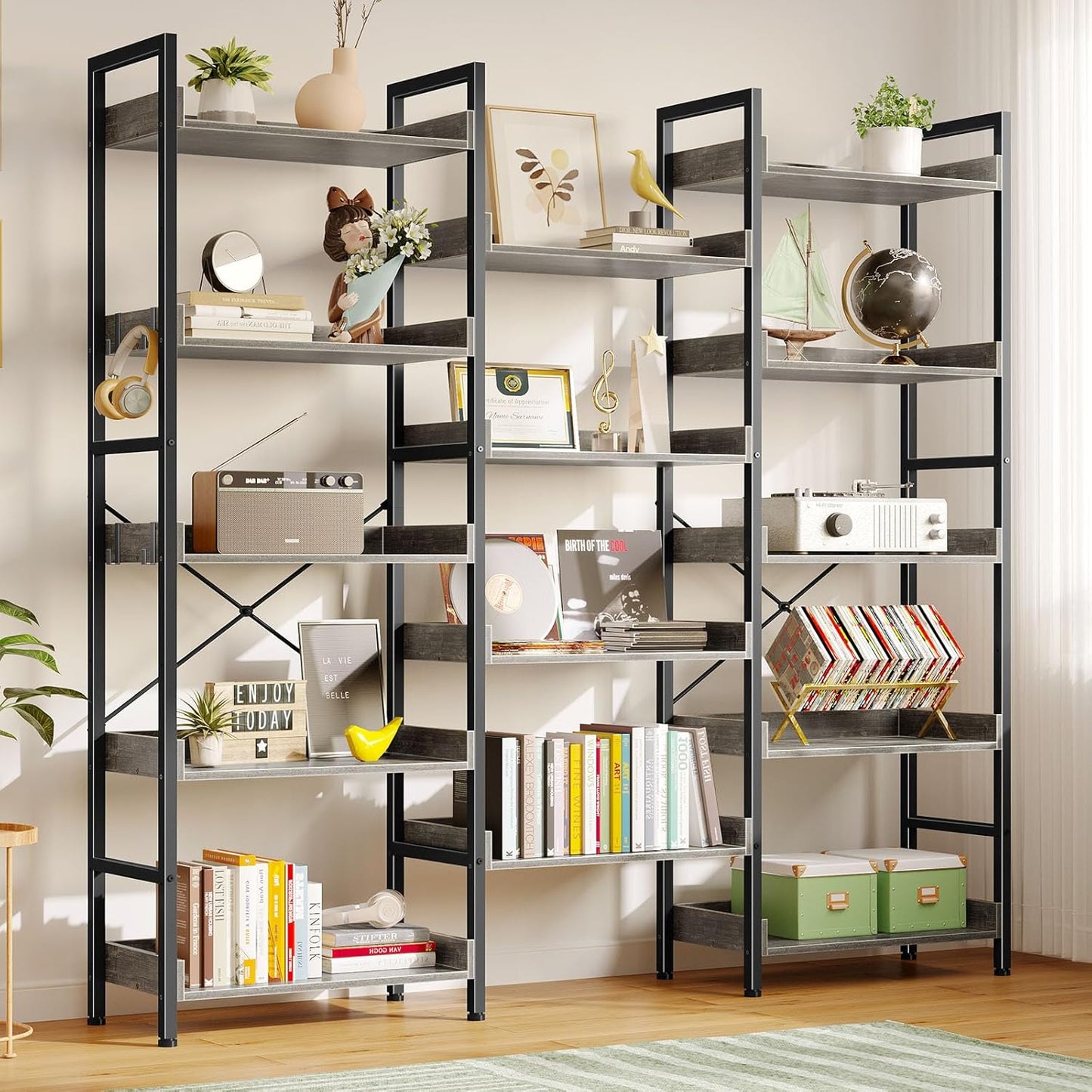 Rolanstar Bookshelf 5 Tiers, Triple Bookcase with Open Display Shelves, Industrial Wide Bookshelf with Metal Frame for Living Room, Office, Grey