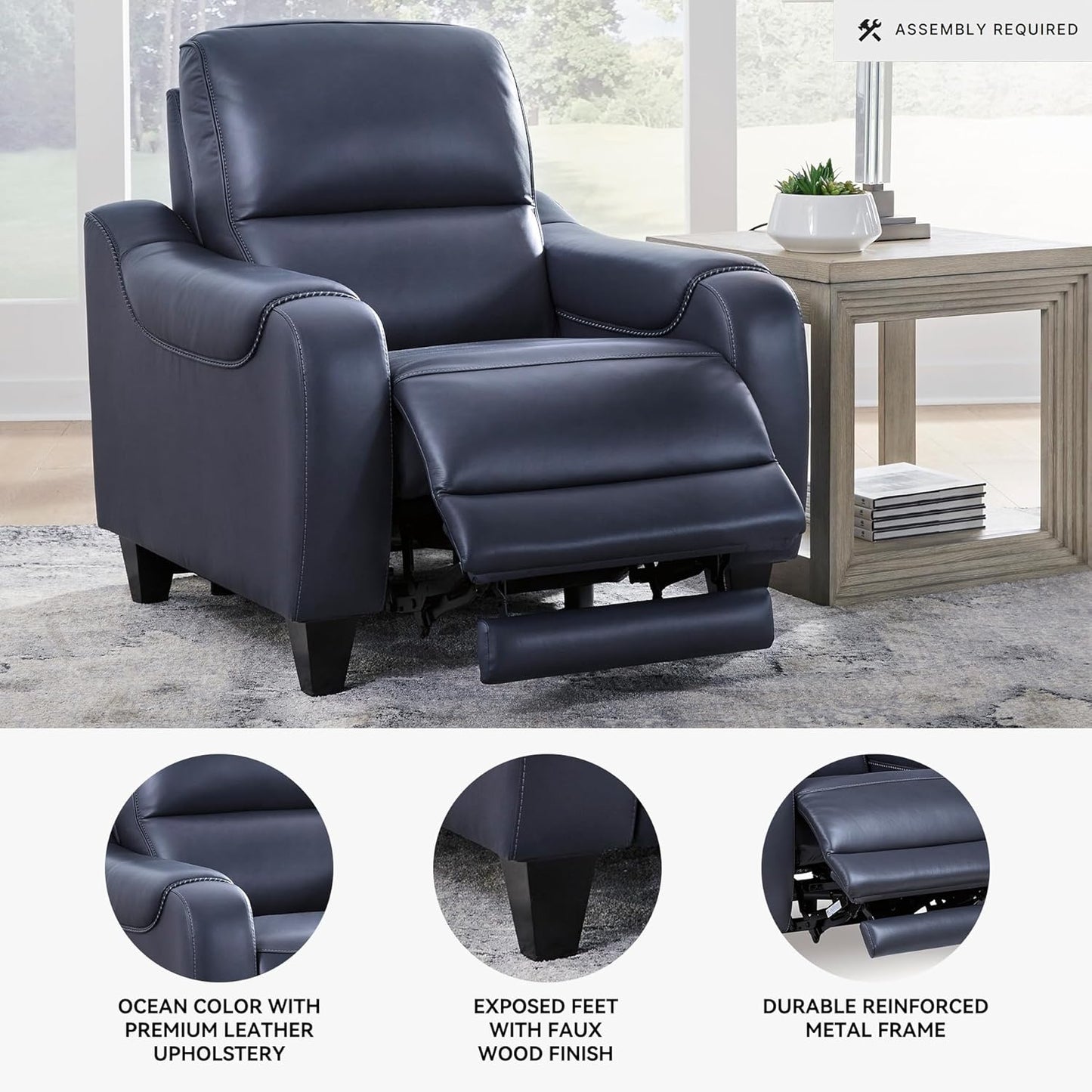 Signature Design by Ashley Mercomatic Contemporary Leather Match Wall Hugger Power Recliner with Adjustable Headrest and USB Ports, Blue