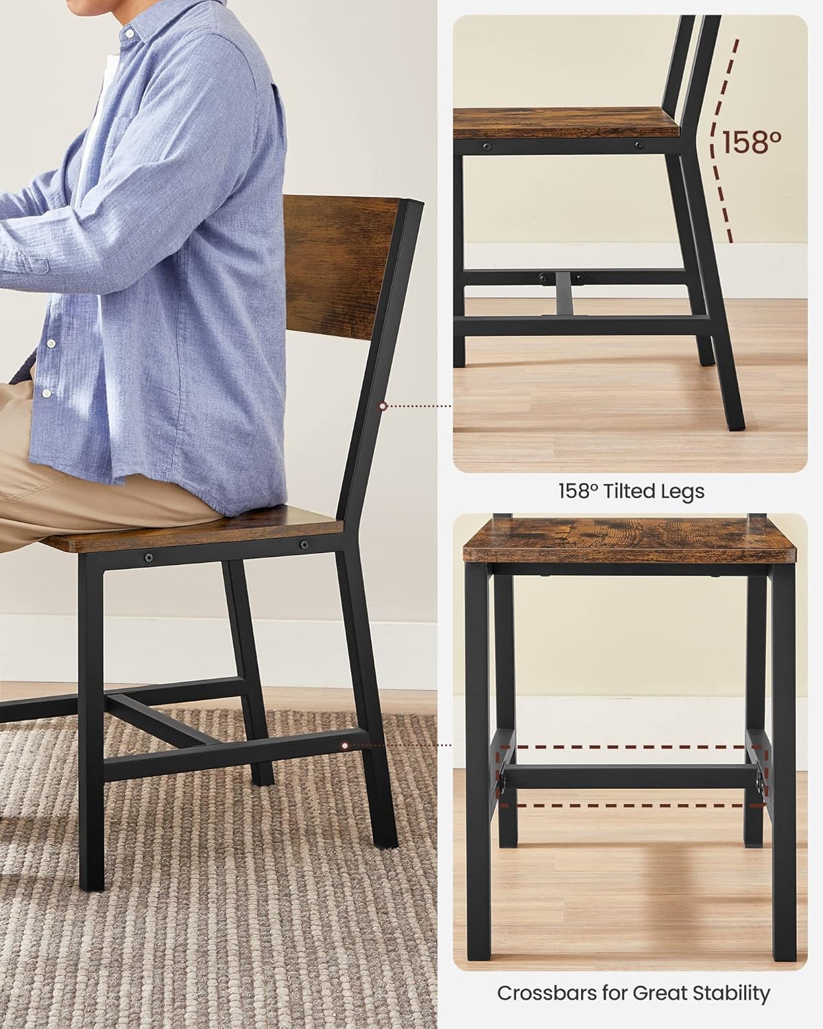 VASAGLE Dining Chair Set of 4, Rustic Wood Chairs with Metal Steel Frame, Easy to Assemble, Comfortable Seat, Modern Farmhouse Chair for Kitchen, Bedroom, Living Room, Rustic Brown and Ink Black