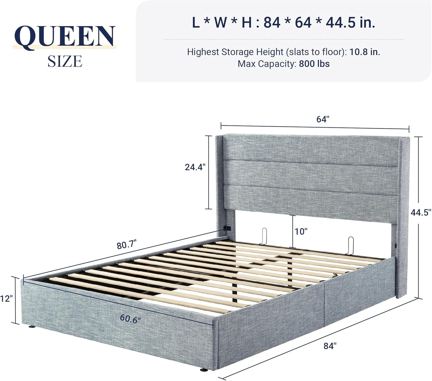 Allewie Queen Size Lift Up Storage Bed, Modern Wingback Headboard, Hydraulic Support, No Box Spring Needed, Grey Blue
