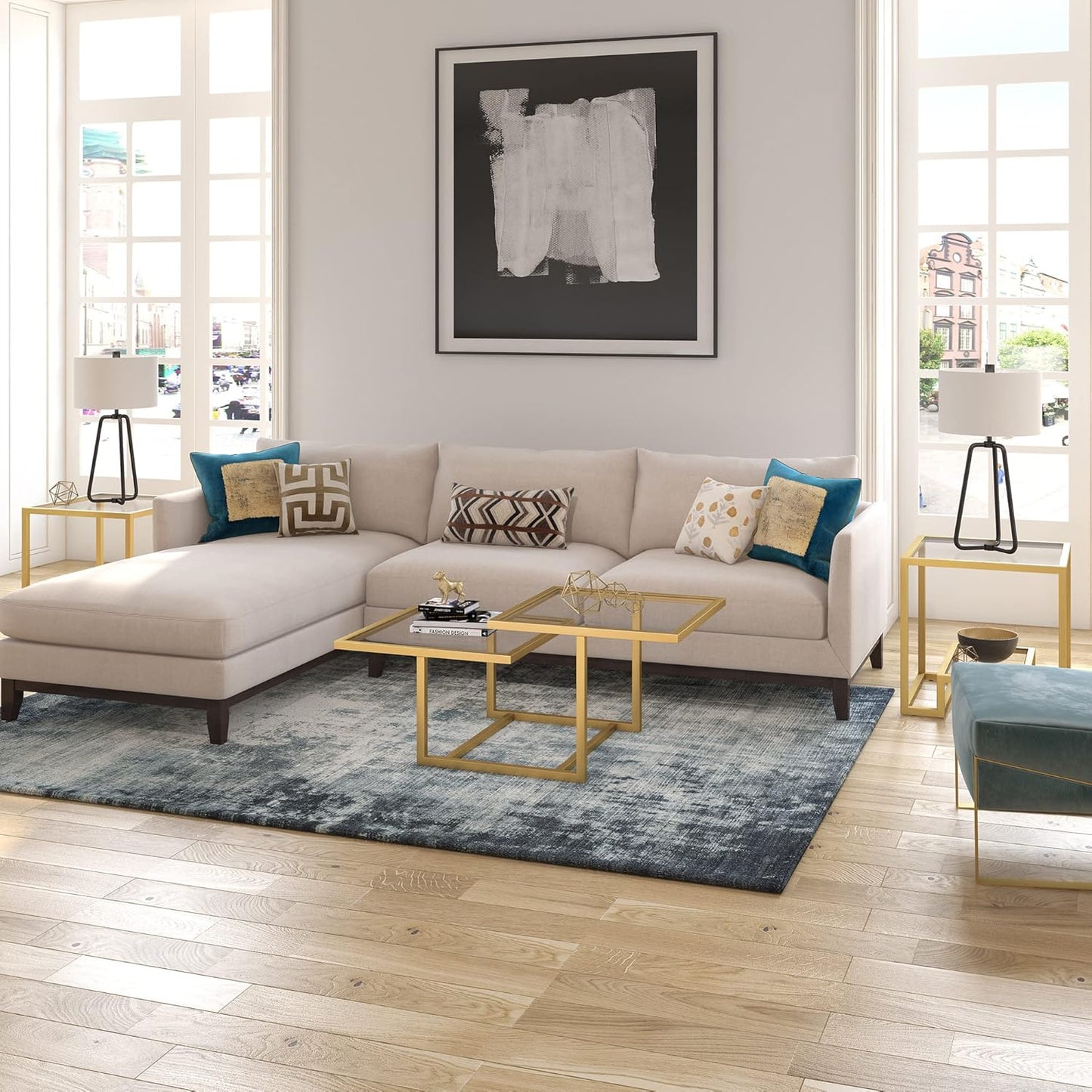 Henn&Hart 43" Wide Square Coffee Table in Brass, Modern coffee tables for living room, studio apartment essentials