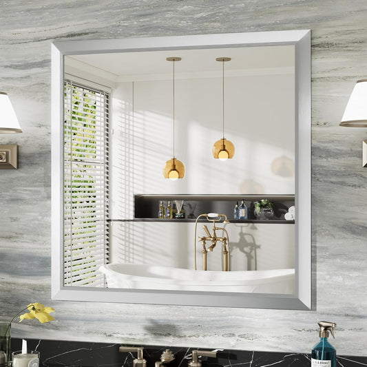 36x36 Inch Silver Bathroom Mirror for Wall, Thick Metal Framed Rectangle Mirrors for Over Sink, Bedroom, Living Room, Entryway, Anti-Rust, HD Tempered Glass