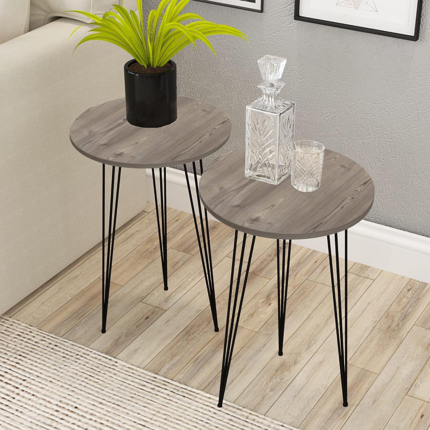 PAK HOME - Set of 2 Pine Wood Grey End Table – Round Wood Sofa Side Coffee Tables for Small Spaces, Nightstand Bedside Table for Bedroom, Living Room, Home Office, Balcony