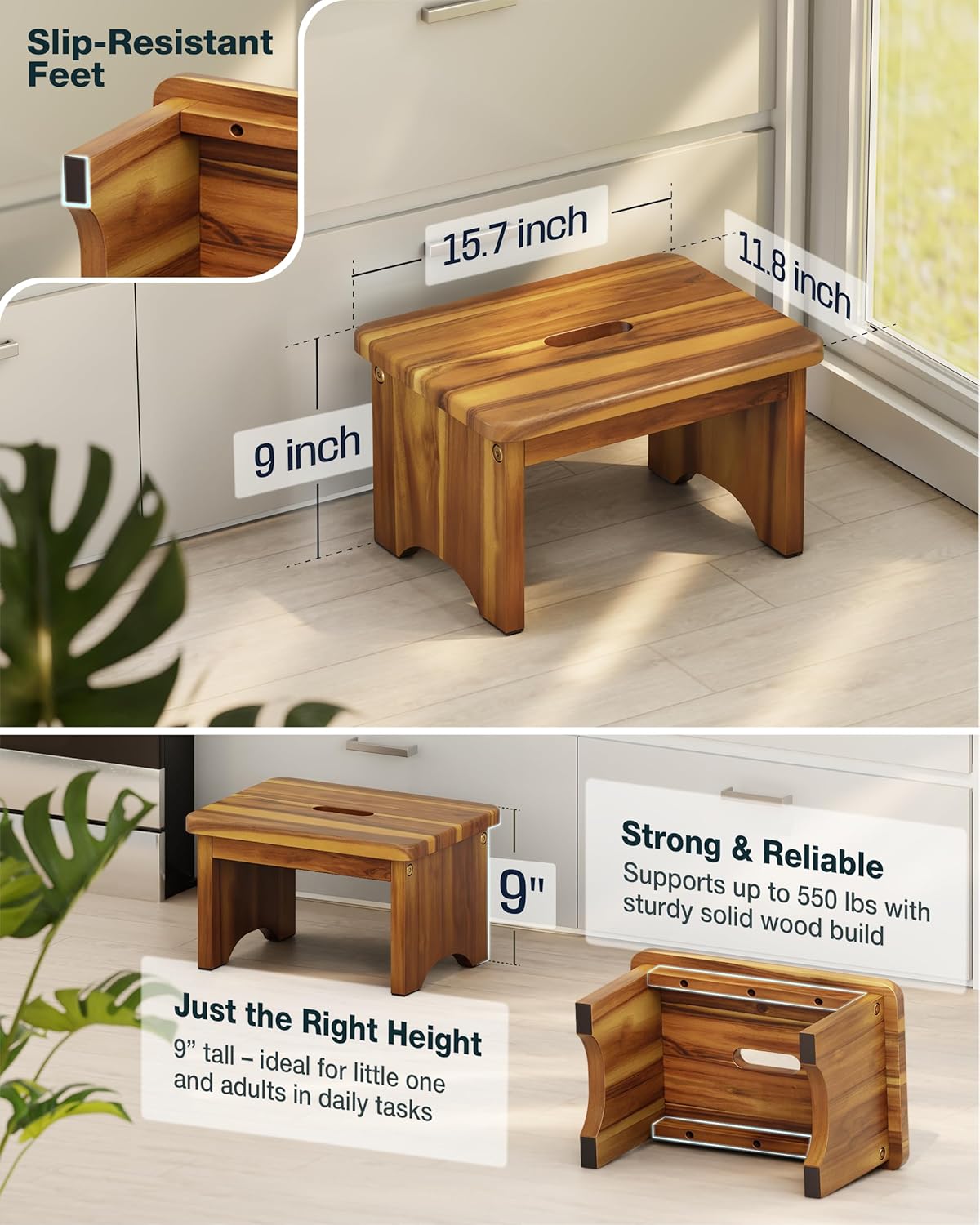 Wooden Step Stool, 9'' One Step Stool for Adults, Wooden Beside Step with 550 Lbs Load Capacity, Heavy Duty/Portable/Nonslip/Durable Construction Safe Step for Bedroom/Kitchen