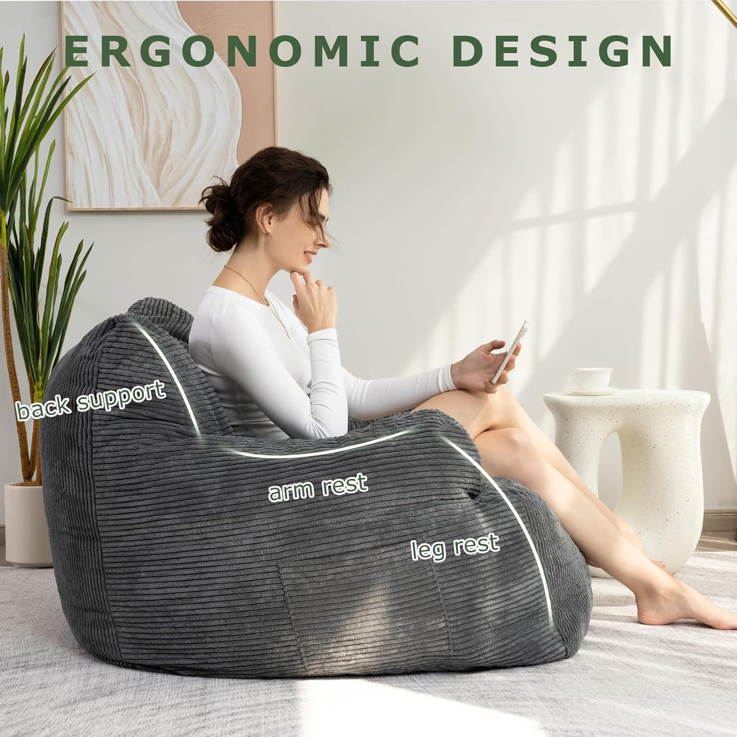 HIGOGOGO Giant Bean Bag Chair Sofa, Big Comfy Chair for Bedroom Living Room, Bean Bag Lazy Chair for Adults with Pocket Armrests for Gaming, Reading, Large, Dark Grey