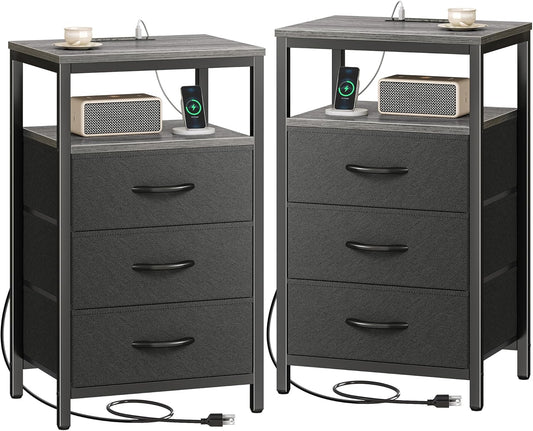 Huuger Nightstands Set of 2, 27.6 Inch End Tables with Charging Station, Fabric Drawers, Bedside Tables with USB Port and Outlet, Night Stands for Bedroom, Charcoal Gray