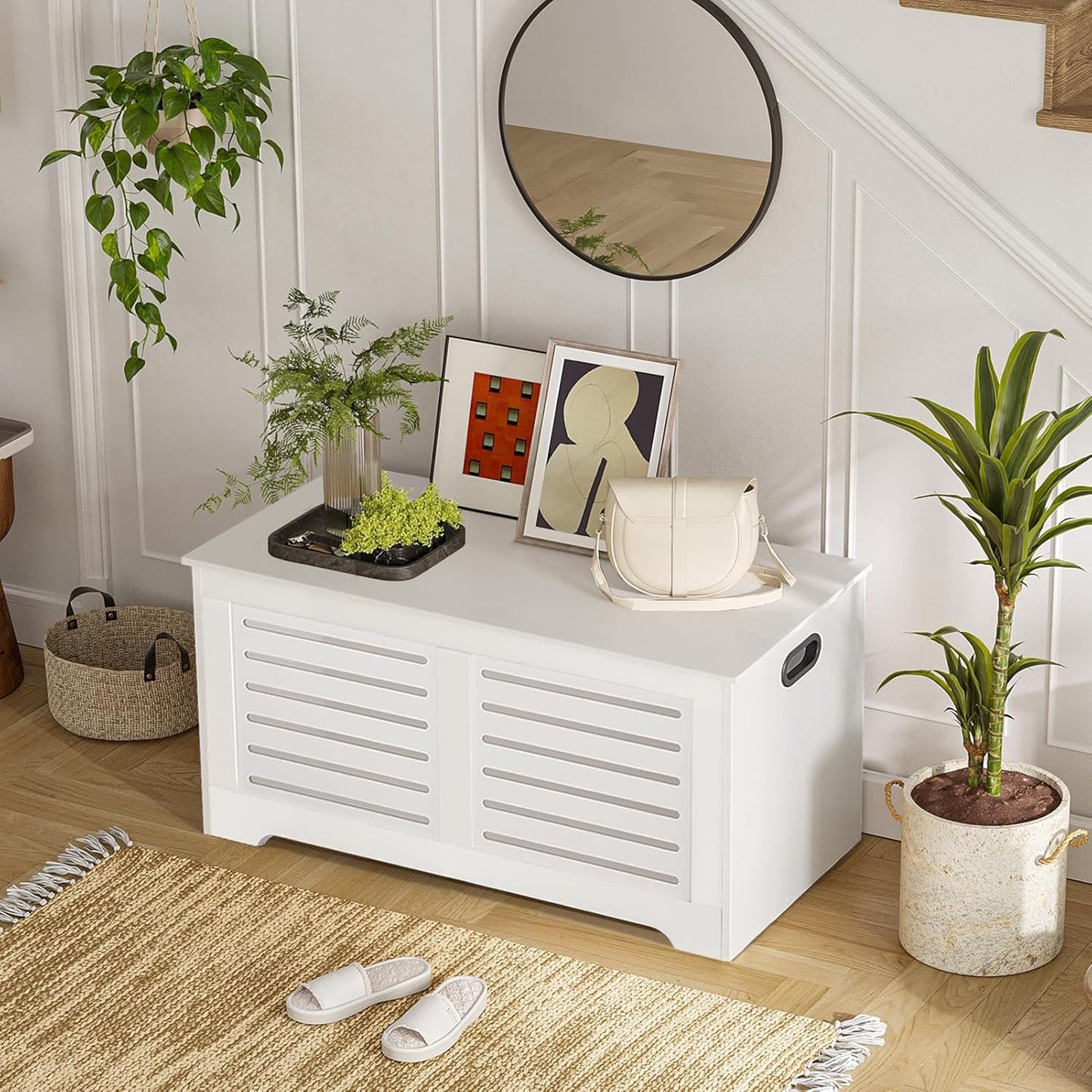 DINZI LVJ Storage Chest, 43.3” Wooden Toy Box with 2 Safety Hinges, Retro Entryway Shoe Storage Bench with Flip-Top, Sturdy Large Storage Trunk for Living Room, Bedroom, Easy Assembly, White