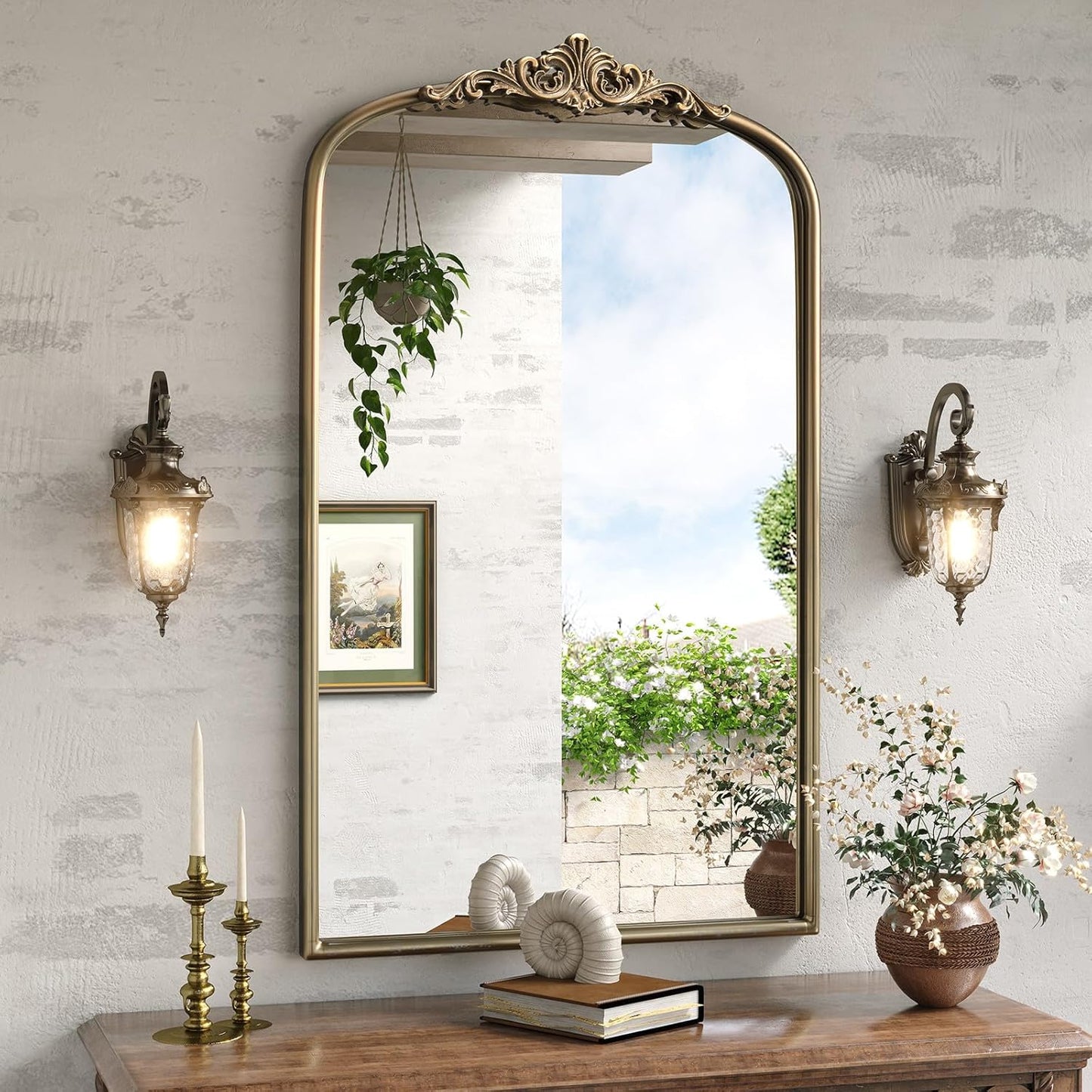 Arched Antique Wall Mirror, 24"x40" Vintage Gold Bathroom Vanity Mirror, Ornate Arched Bronze Mirror for Over Sink/Fireplace/Entryway