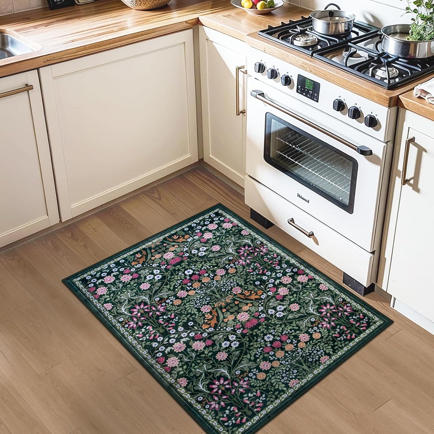 Entryway Rug 2X3 Small Rugs: Floral Washable Door Mat Vintage Soft Low Pile Non-Slip Kitchen Rugs Stain Resistant Indoor Throw Rug for Entrance, Bedroom, Kitchen, Laundry, Bathroom Dark Green