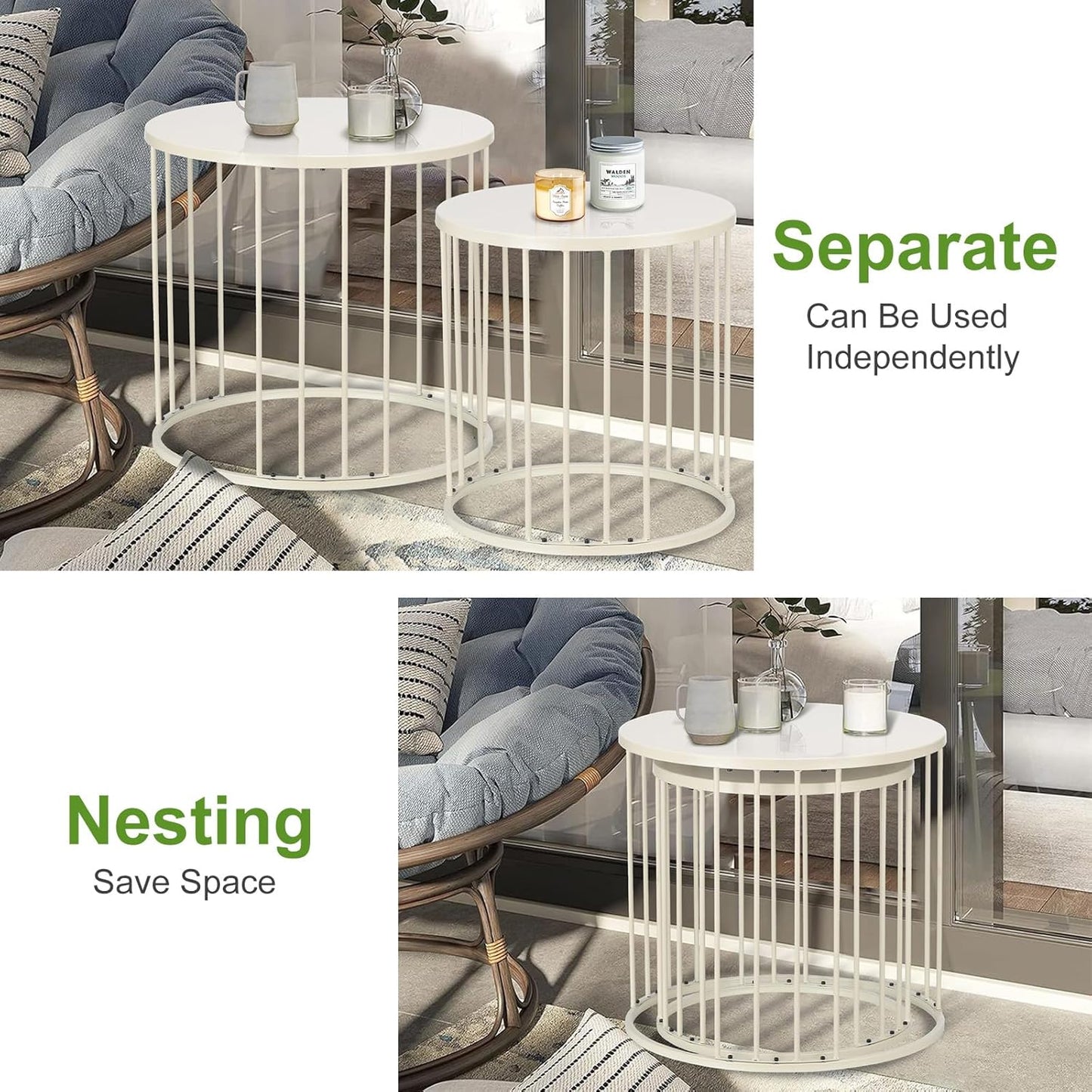 SUNNYPARK Outdoor Side Table Set of 2, Metal Circle Accent End Tables for Balcony Backyard Garden Indoor Living Room, Durable Black Nesting Coffee Tables, 20”+16” Dia