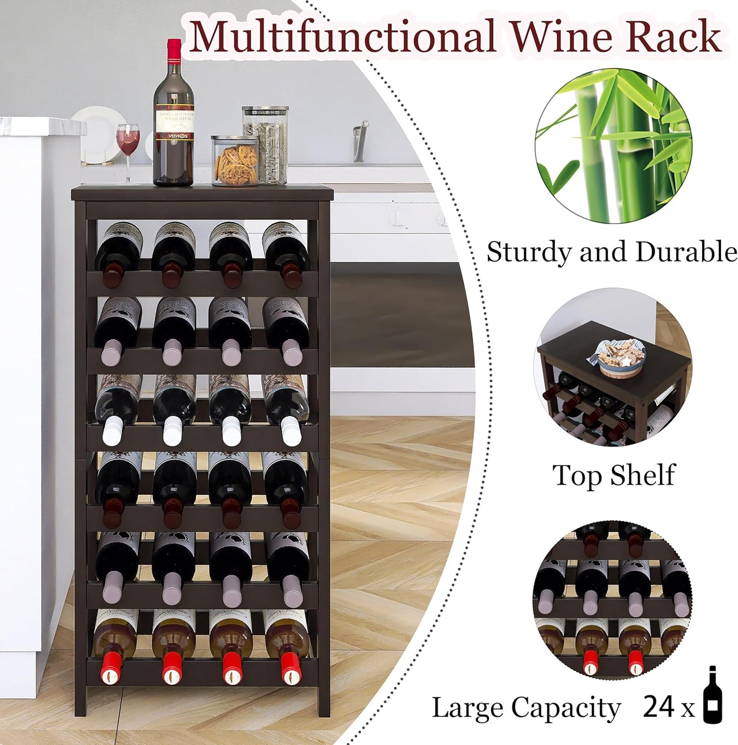 24 Bottle Wine Rack Freestanding Floor, 6 Tier Wine Display Storage Shelves with Tabletop, Bamboo Wine Bottle Holder Stand with Wave Bars for Kitchen Dining Room Pantry, Black
