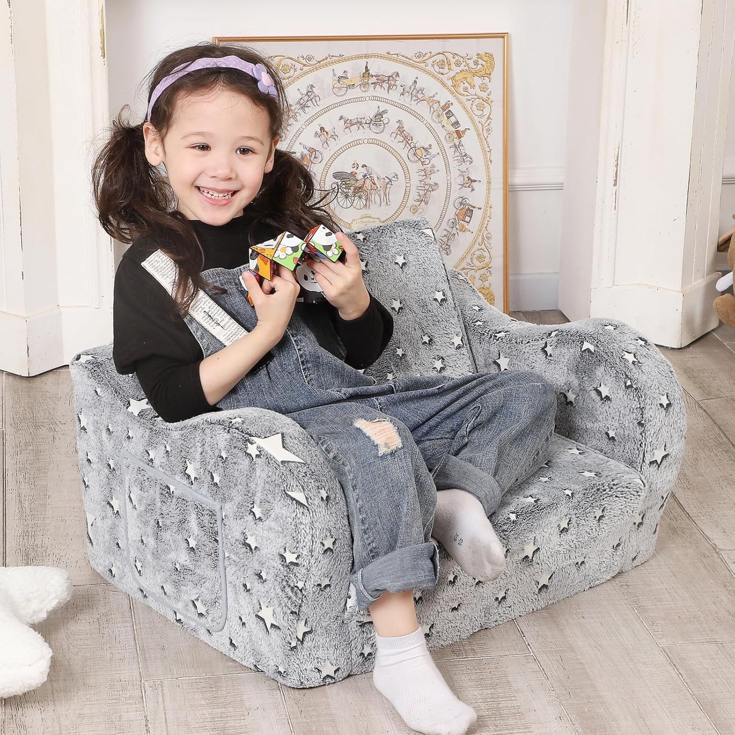 Star Glow in The Dark Toddler Couch, 2-in-1 Toddler Soft Couch Fold Out with Star Pillow, Convertible Sofa to Lounger for Girls and Boys, 1-Seat