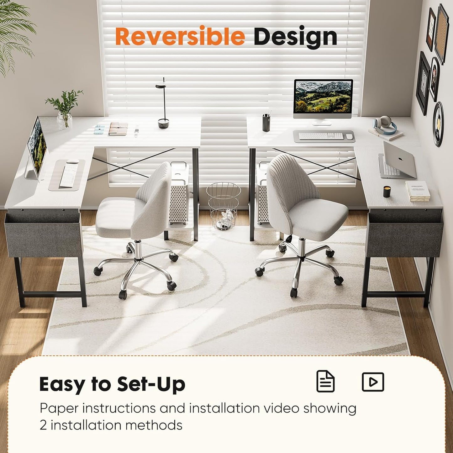 Sweetcrispy L Shaped Computer Desk - Gaming Corner 50 Inch PC White Writing Study Student Table with Wooden Desktop CPU Stand Side Bag Reversible for Home Office Room Small Space, Black