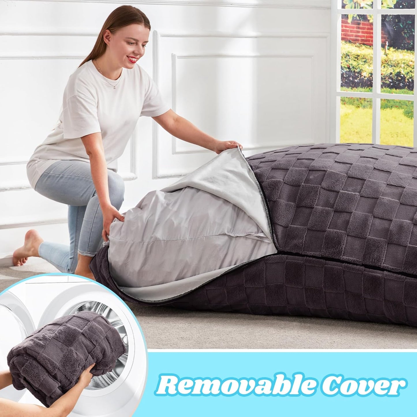 Hobestluk 3 in 1 Bean Bag Chair Giant Bean Bag Chairs for Adults with Plaid Cover Convertible Bean Bag Floor Cushion with Machine Washable Cover for Living Room (Plaid Dark Grey)