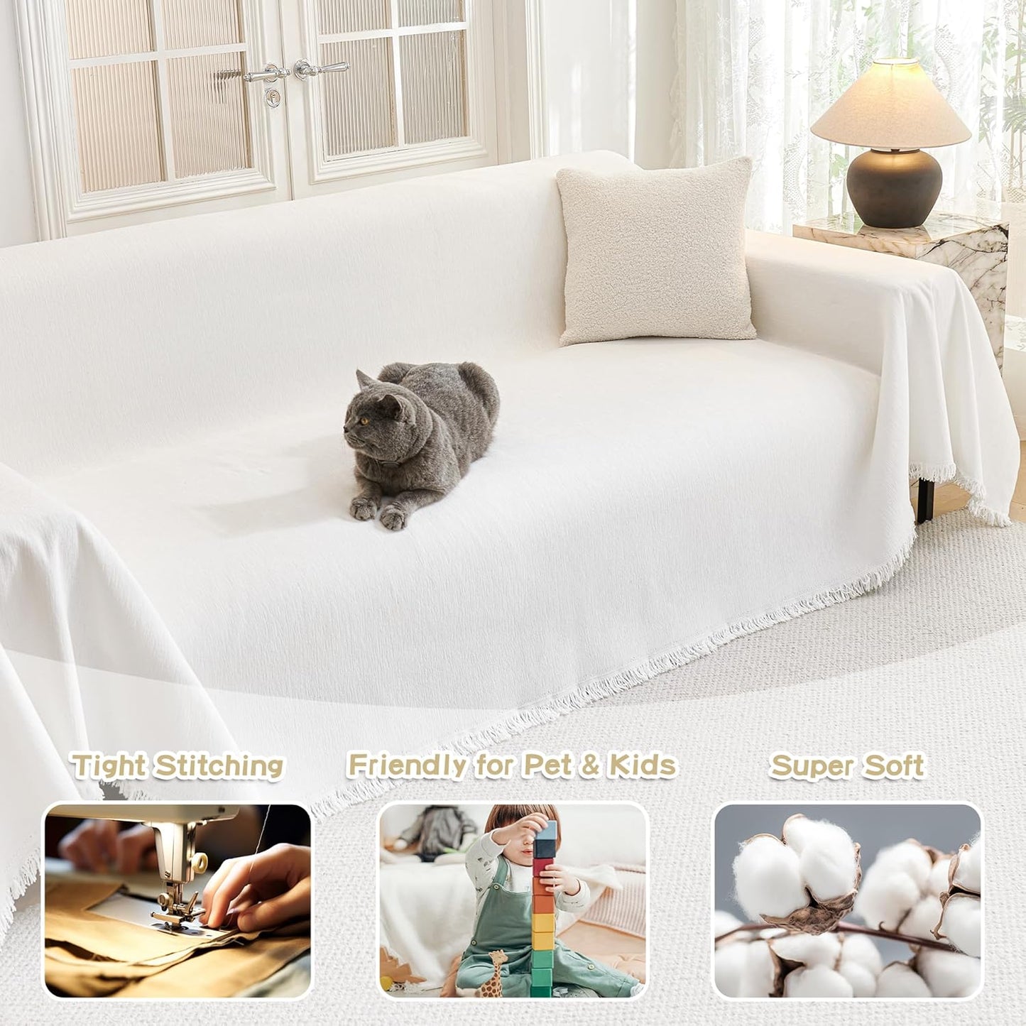 MYSKY HOME Couch Covers Couch Cover for Dogs Washable, Couch Covers for Sectional Sofa, Sofa Covers for 3 Cushion Couch Sofa Cover for Living Room Furniture Protector for Pets, Kids, 91"x134", White