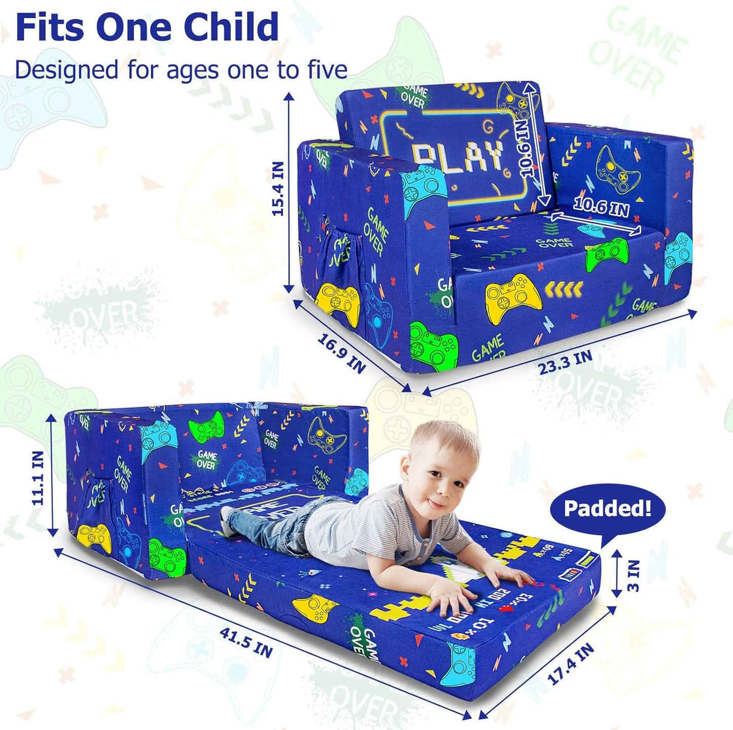 Kids Couch, 2-in-1 Kid Fold Out Couch, Convertible Kids Sofa to Lounger for Girls and Boys, Soft Toddler Chairs Comfy 1-3 Years Old(Gamepad)