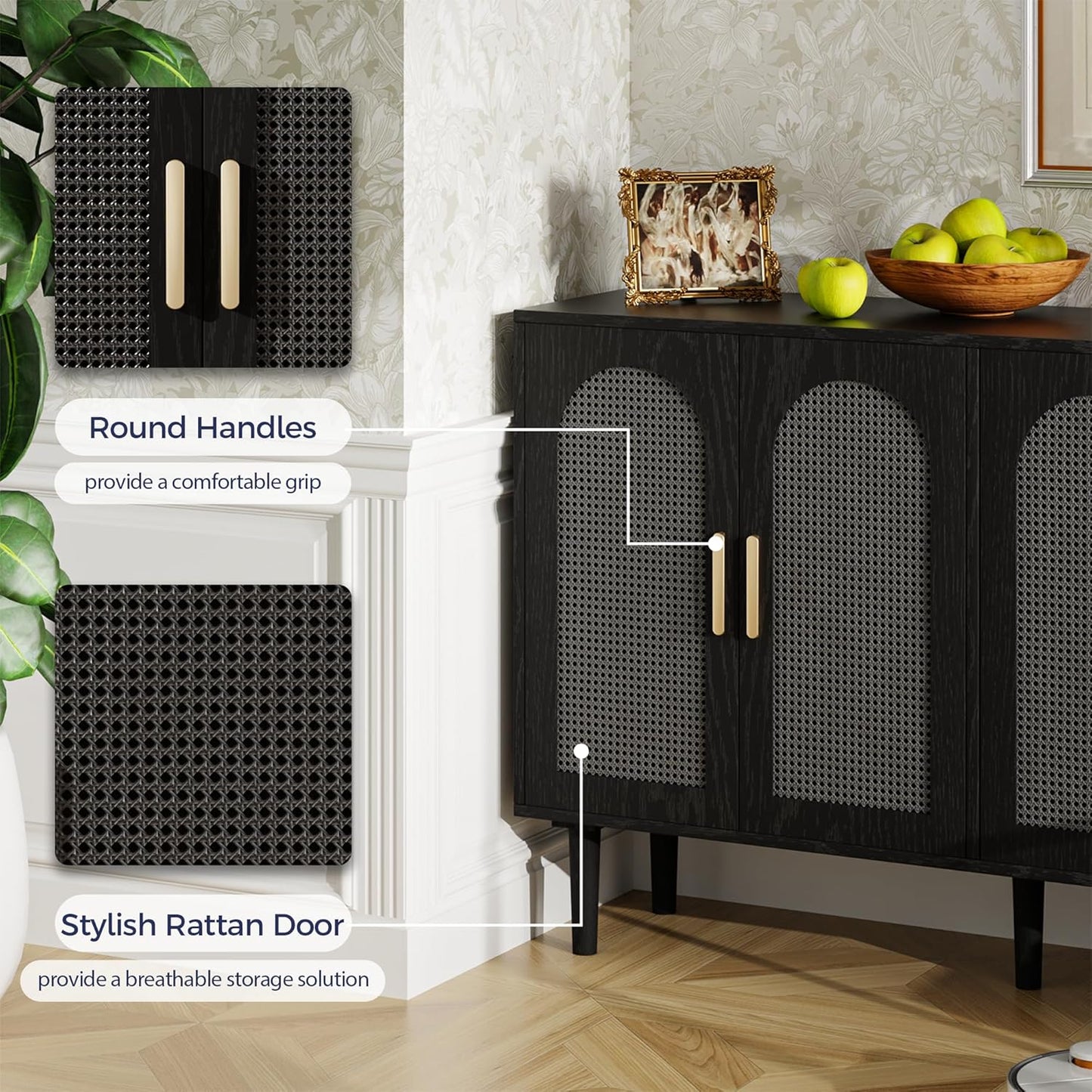 Rattan Cabinet, Mid-Century Modern Buffet Cabinet with 4 Rattan Doors, Black, 47x14x30 inch, Kitchen Sideboard