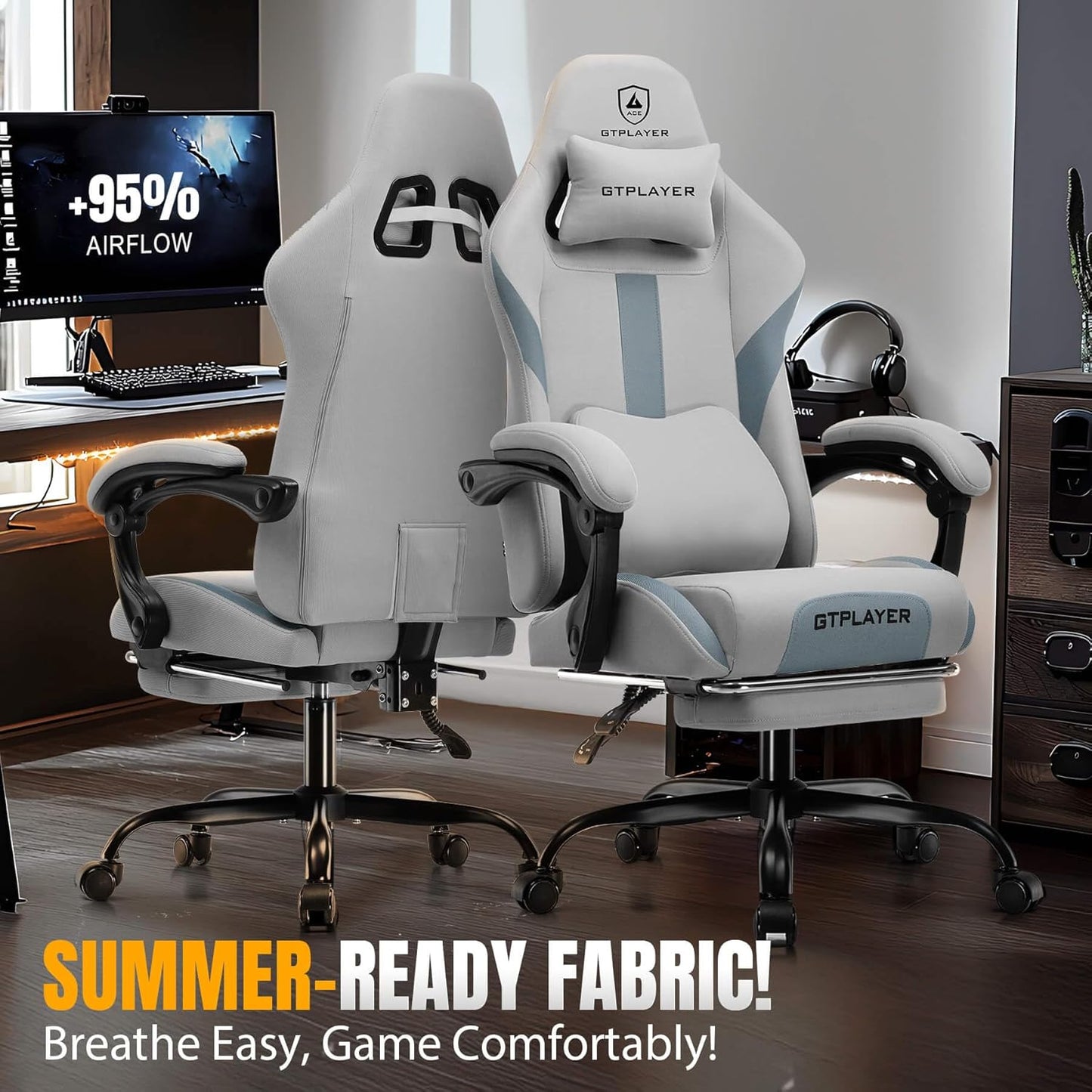 GTRACING Gaming Chair with Foot Rest & Pocket Spring Cushion, Breathable Fabric for Home Office Desk, Ergonomic High Back Computer Chair with Headrest & Lumbar Support, Gray