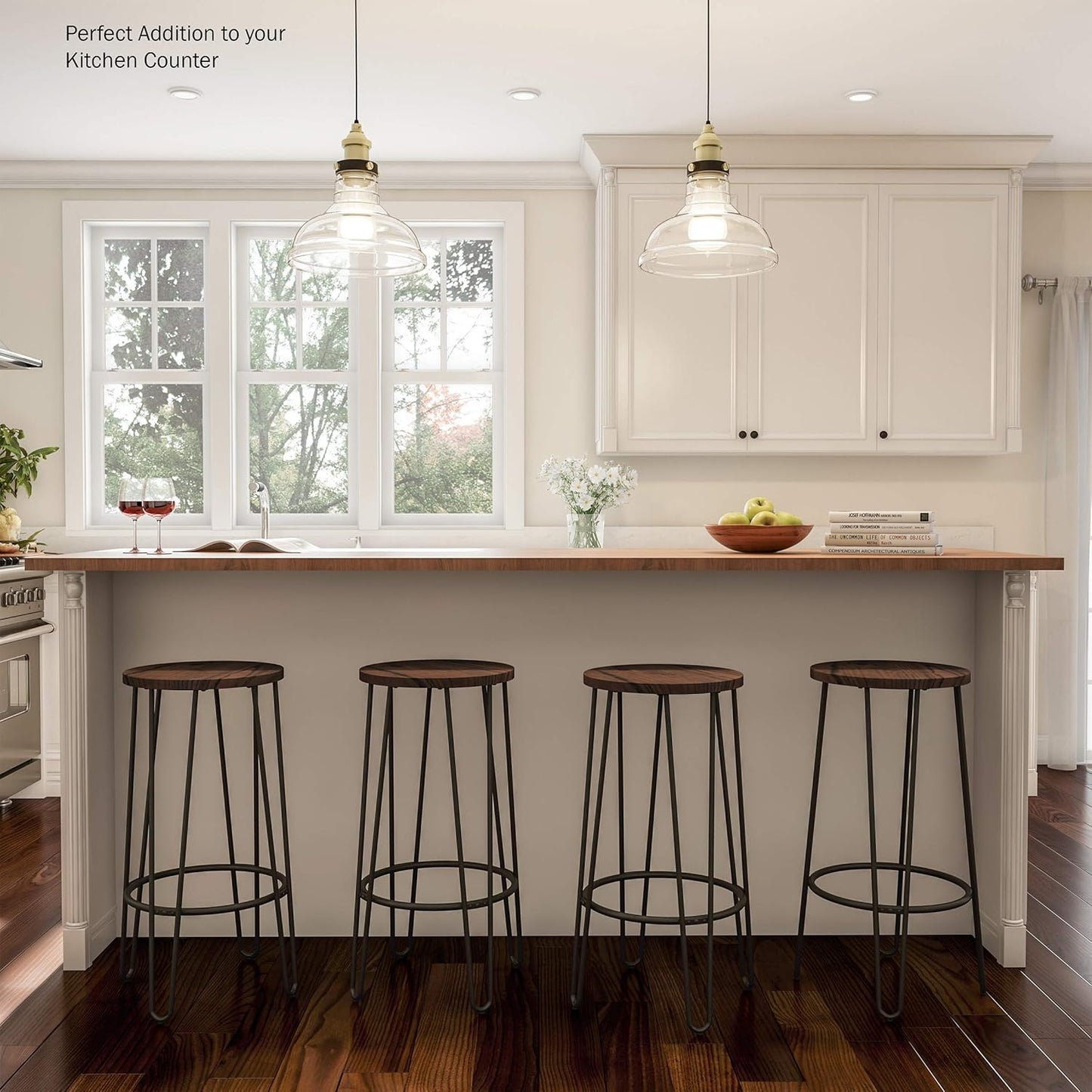 Lavish Home 24-Inch Bar Stools - Backless Barstools with Hairpin Legs, Wood Seat - Kitchen or Dining Room - Modern Farmhouse Barstools (Set of 4)