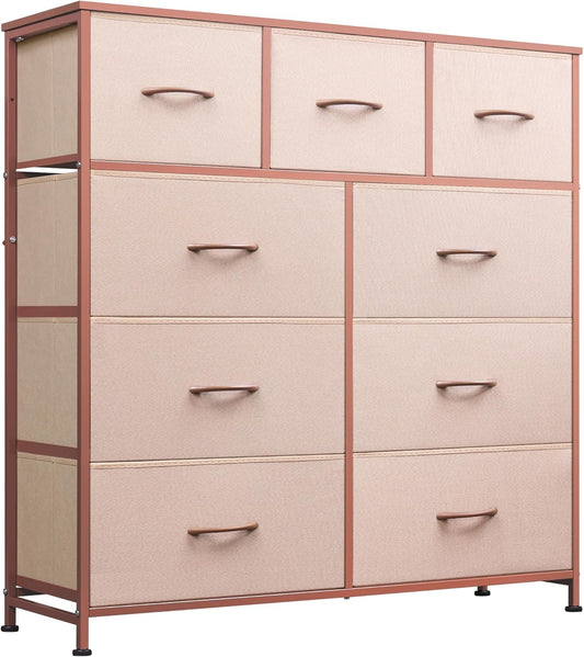 WLIVE 9-Drawer Dresser, Fabric Storage Tower for Bedroom, Hallway, Entryway, Closet, Tall Chest Organizer Unit with Fabric Bins, Steel Frame, Wood Top, Easy Pull Handle, Pink