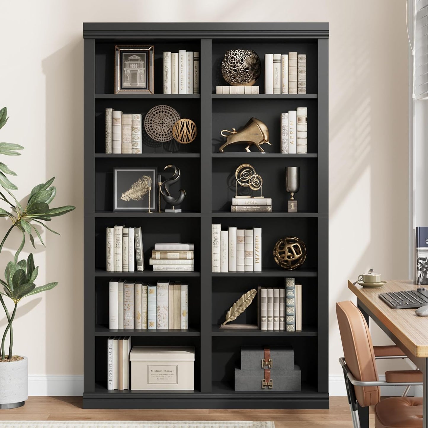 74.5" Tall Bookshelf with Double Storage, Extra Large Bookshelf, 6-Tier Double Wide Bookshelves w/ 12 Cubbies, Wide Freestanding Bookcases for Livingroom Office Library (Black)