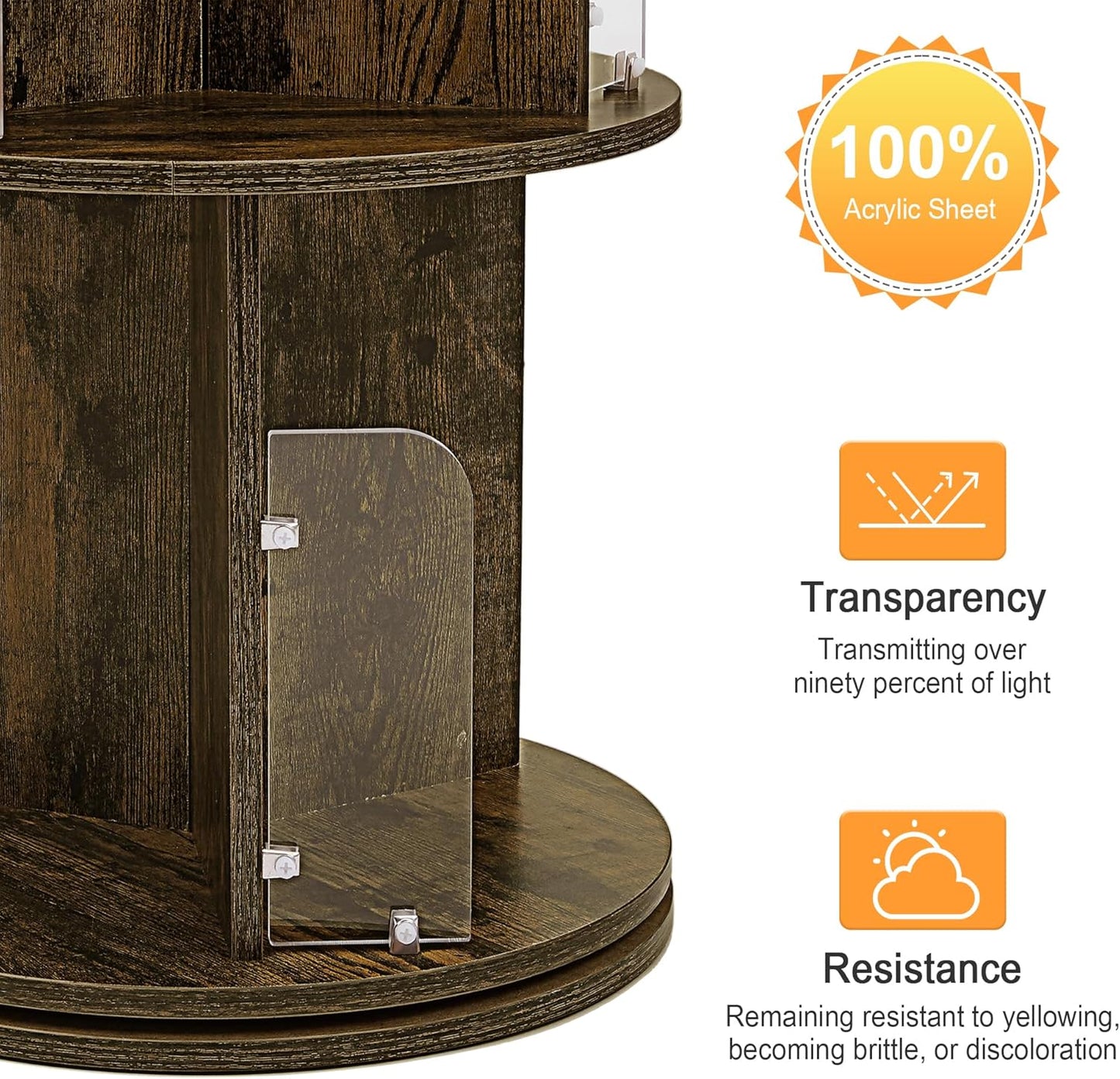 VECELO 4 Tier Revolving Bookshelf Tower, 360° Display Floor Standing Storage Rack with Acrylic Visible Window Partition for Bedroom, Living Room Home and Office, Brown