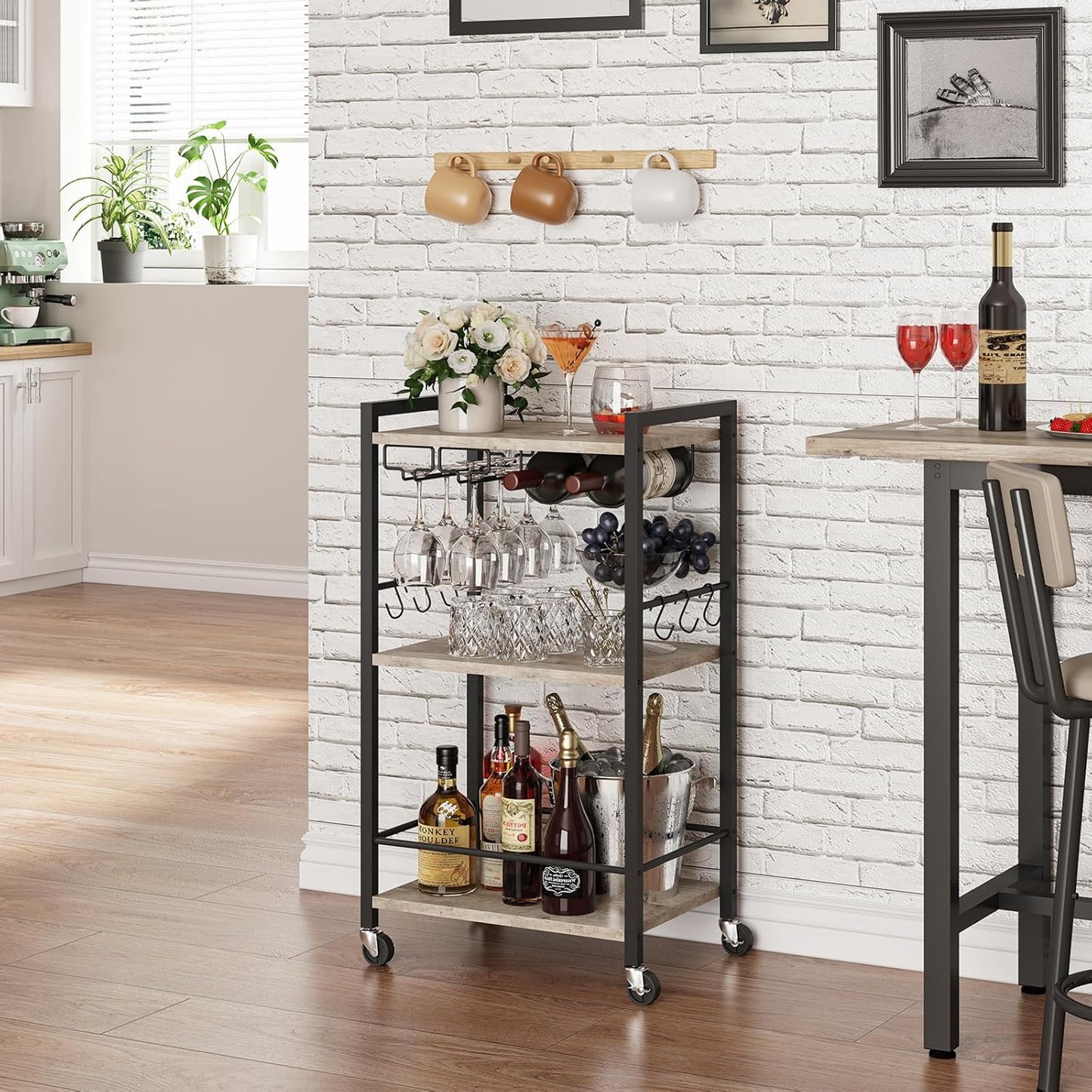 TUTOTAK Bar Cart, Home Bar Serving Cart, Small Wine Cart with 3-Tier Shelf, Beverage cart, Drink Cart with Wine Rack and Glass Holder, Rolling bar carts for The Home, Living Room, Greige BC01BG035