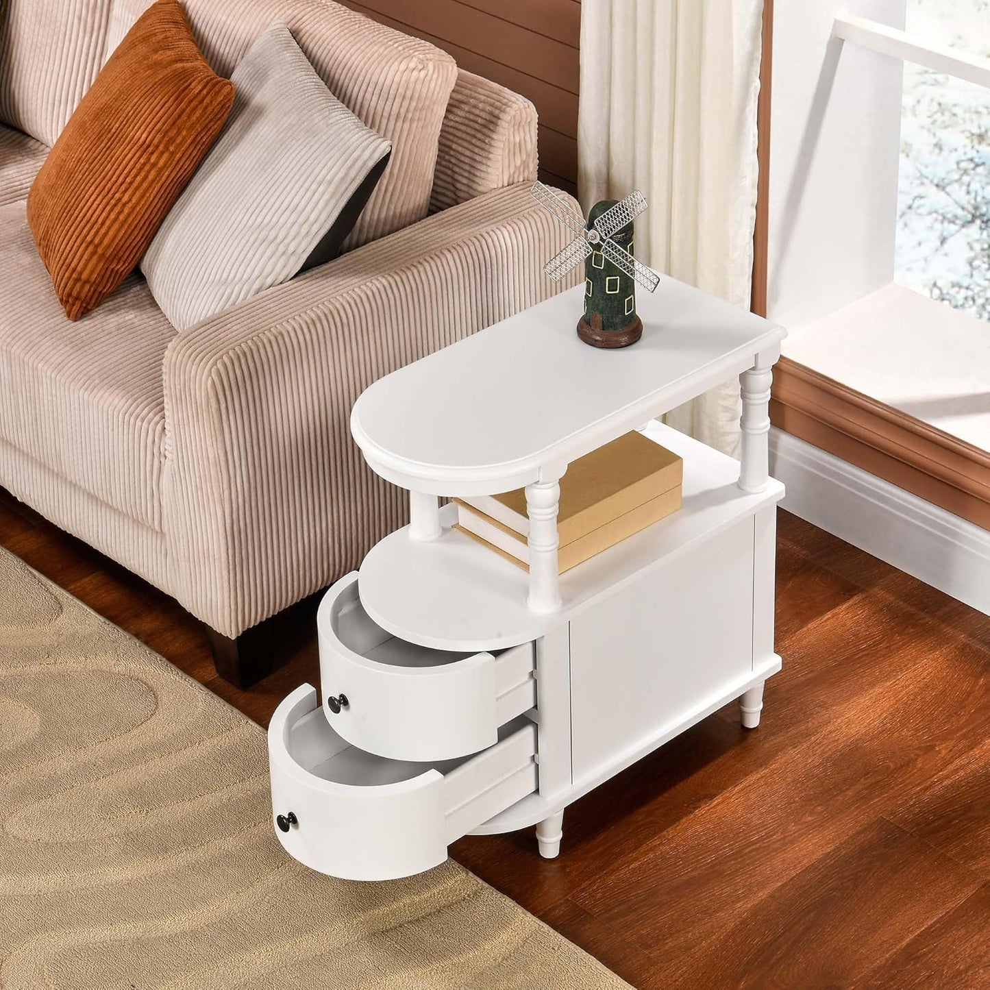 2 Set of Wood End Table with 2 Drawers and Storage Shelf, Narrow Sofa Side Table for Living Room, Vintage Slim Nightstand Bedside Table for Bedroom, Slim Chair Side Table White BGA508WT