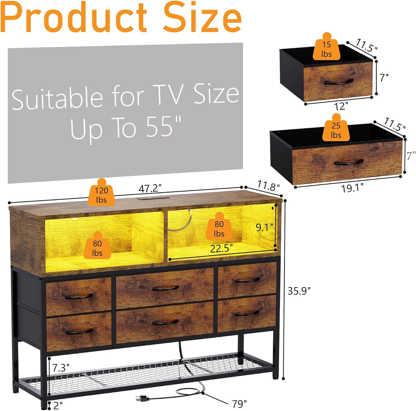 Dresser for Bedroom, 6 Drawers Led Dresser TV Stand with Power Outlets and LED Lights, Long Fabric Dressers Wide Chest of Drawers with Large Organizer Shoe Rack for Living Room, Entryway