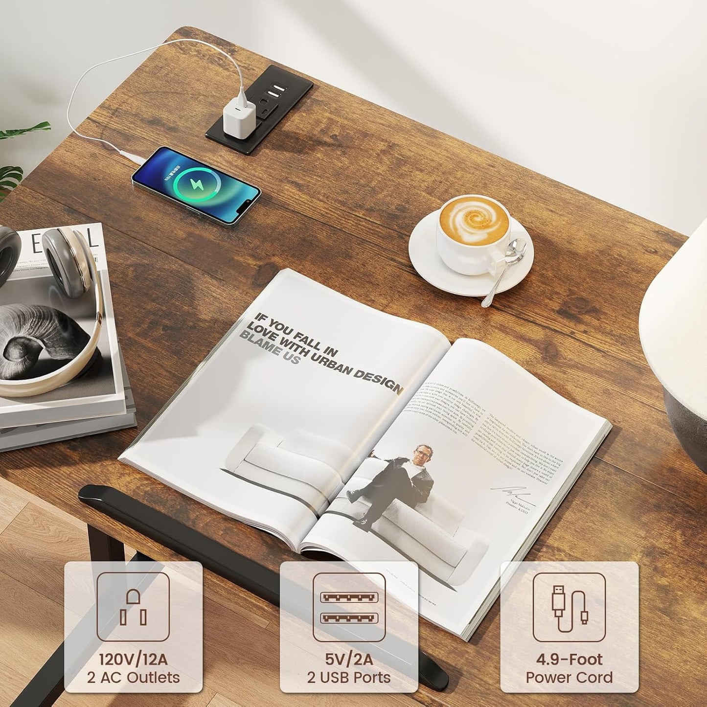 SIDUCAL Mobile Standing Desk with Charging Station, Portable Desk for Walking Pad, Adjustable Computer Workstation with Wheels, Office Table Stand with Tilted Desktop 23.62" D X 31.5" W Rustic Brown