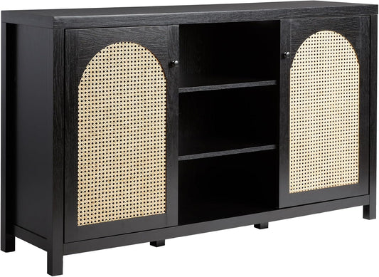 Walker Edison Sasha 2-Door Sideboard Buffet with Arched Rattan Panels, 58 Inch, Black