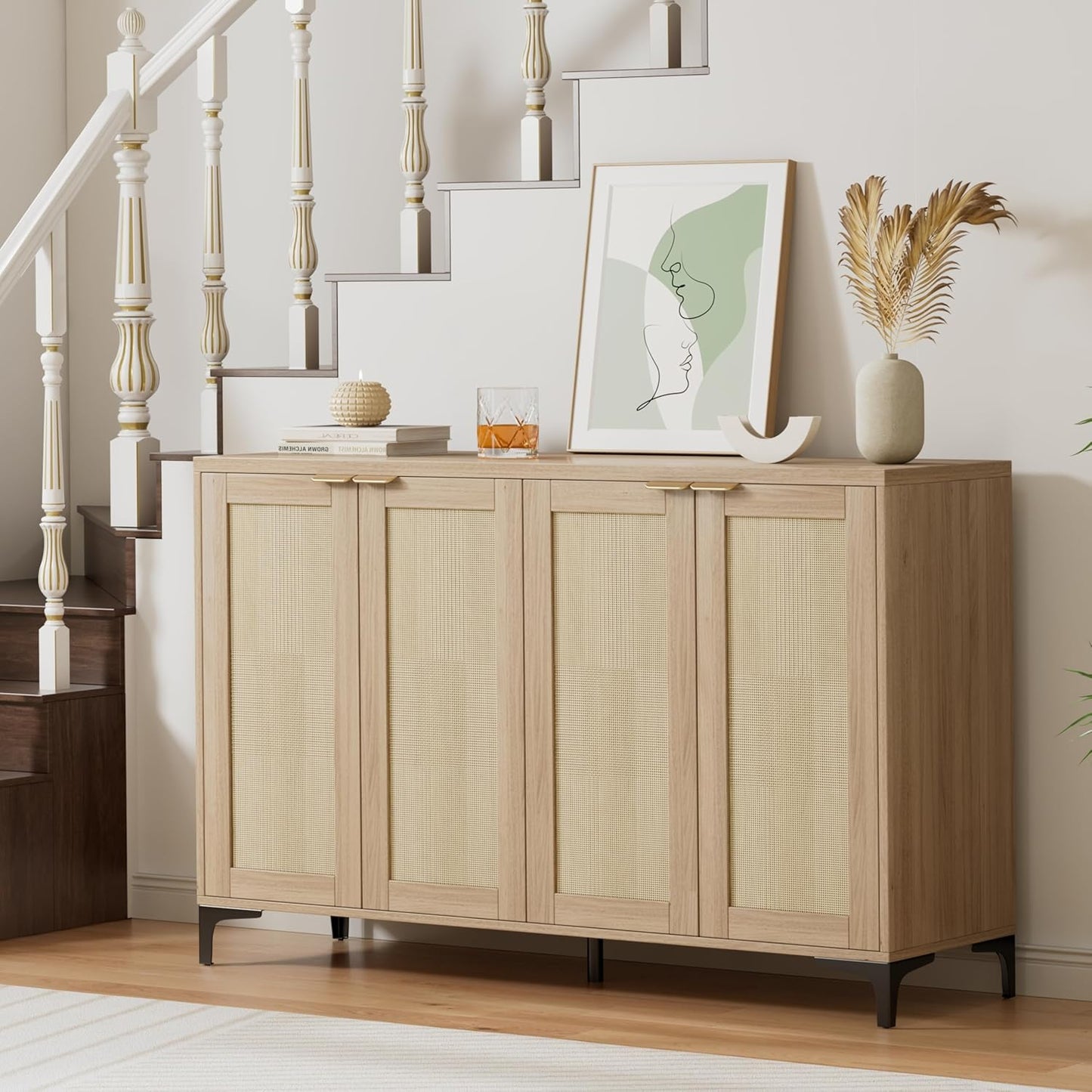 Sideboard - Buffet Cabinet with Storage, Rattan Storage with 4 Doors and Adjustable Shelves, Accent with Metal Feet, Sideboard Cabinet for Living Room (Natural)