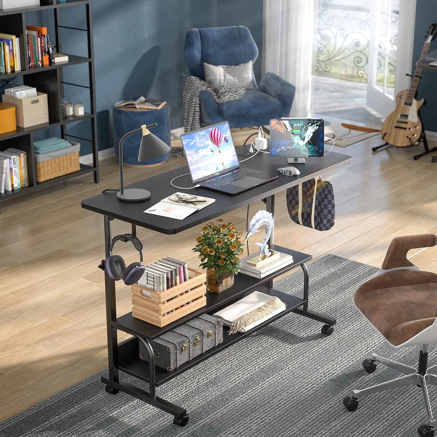 Armocity Height Adjustable Standing Desk with Power Outlets, 39" Manual Stand Up Desk with Storage Shelves Small Mobile Rolling Computer Desk Portable Laptop Table with Wheels for Home Office, Black