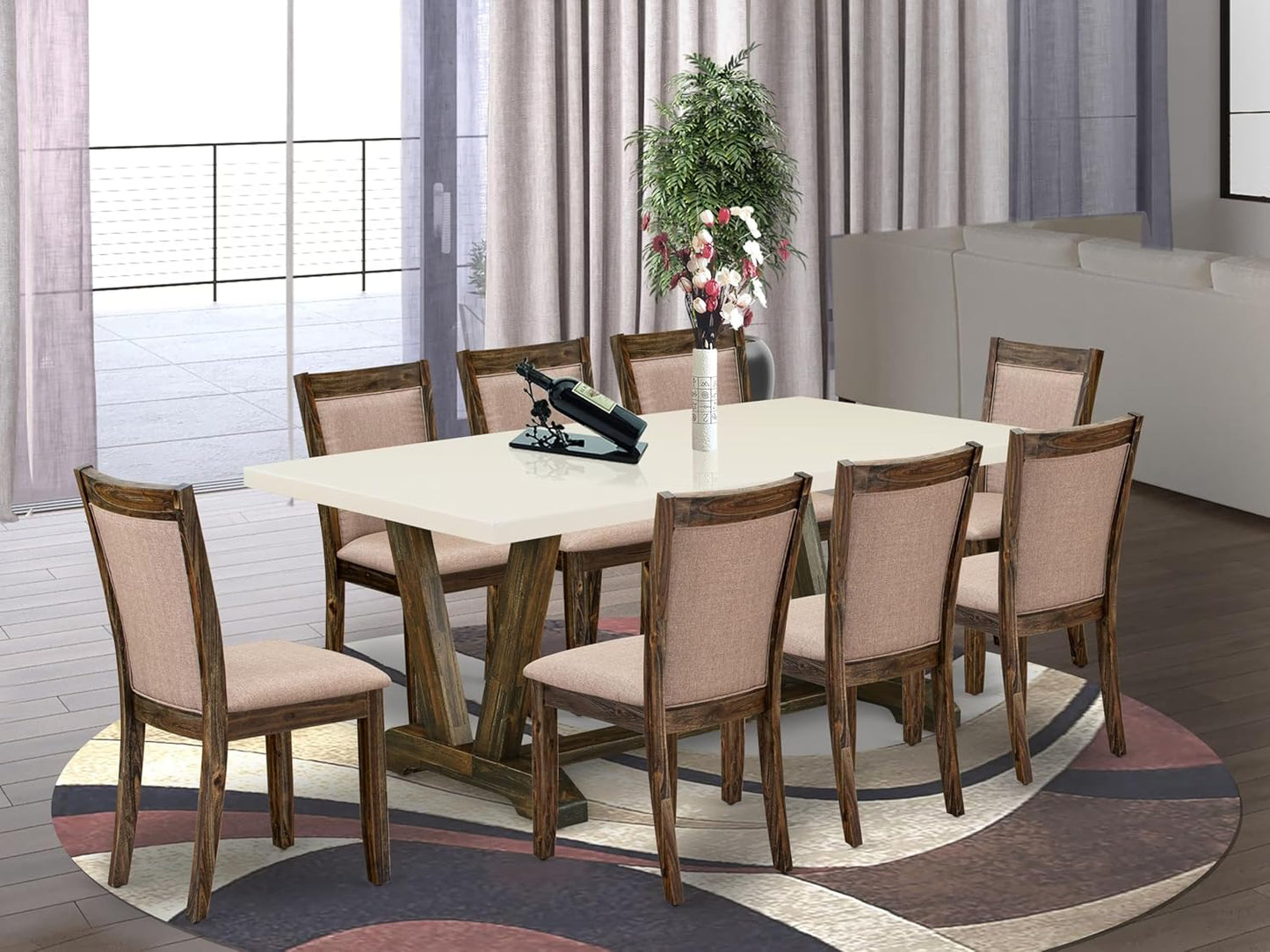 East West Furniture V727MZ716-9 9 Piece Kitchen Table & Chairs Set Includes a Rectangle Dining Room Table with V-Legs and 8 Dark Khaki Linen Fabric Parson Chairs, 40x72 Inch, Multi-Color