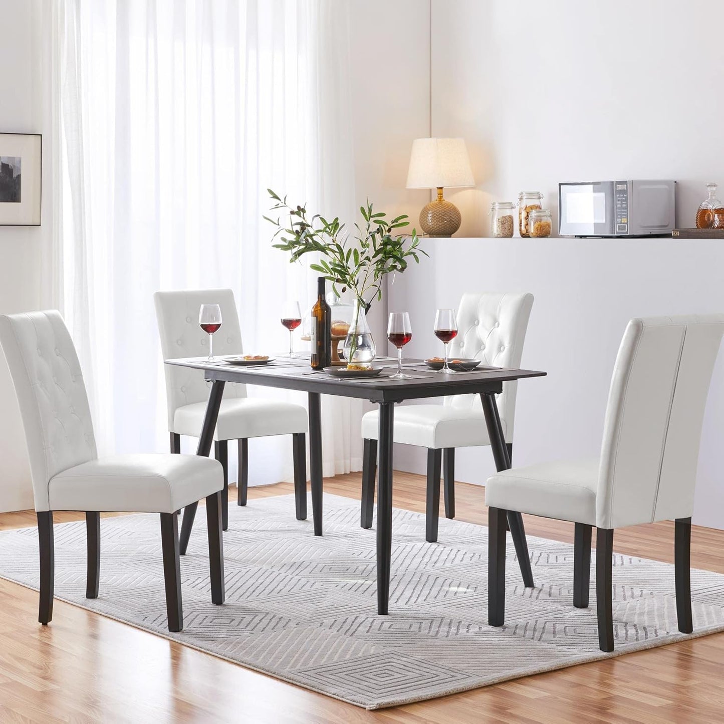 Yaheetech Dining Chairs Set of 4 Modern Style Faux Leather Dining Room Chairs with Solid Wood Legs and Button Tufted Padded for Home Kitchen, White
