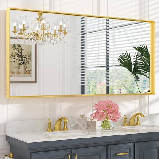 Keonjinn Brushed Gold Bathroom Mirror 60” x 30” Metal Framed Rectangular Wall Mirror Large Farmhouse Bathroom Mirrors Rectangle Gold Wall-Mounted Vanity Mirrors(Horizontal/Vertical)