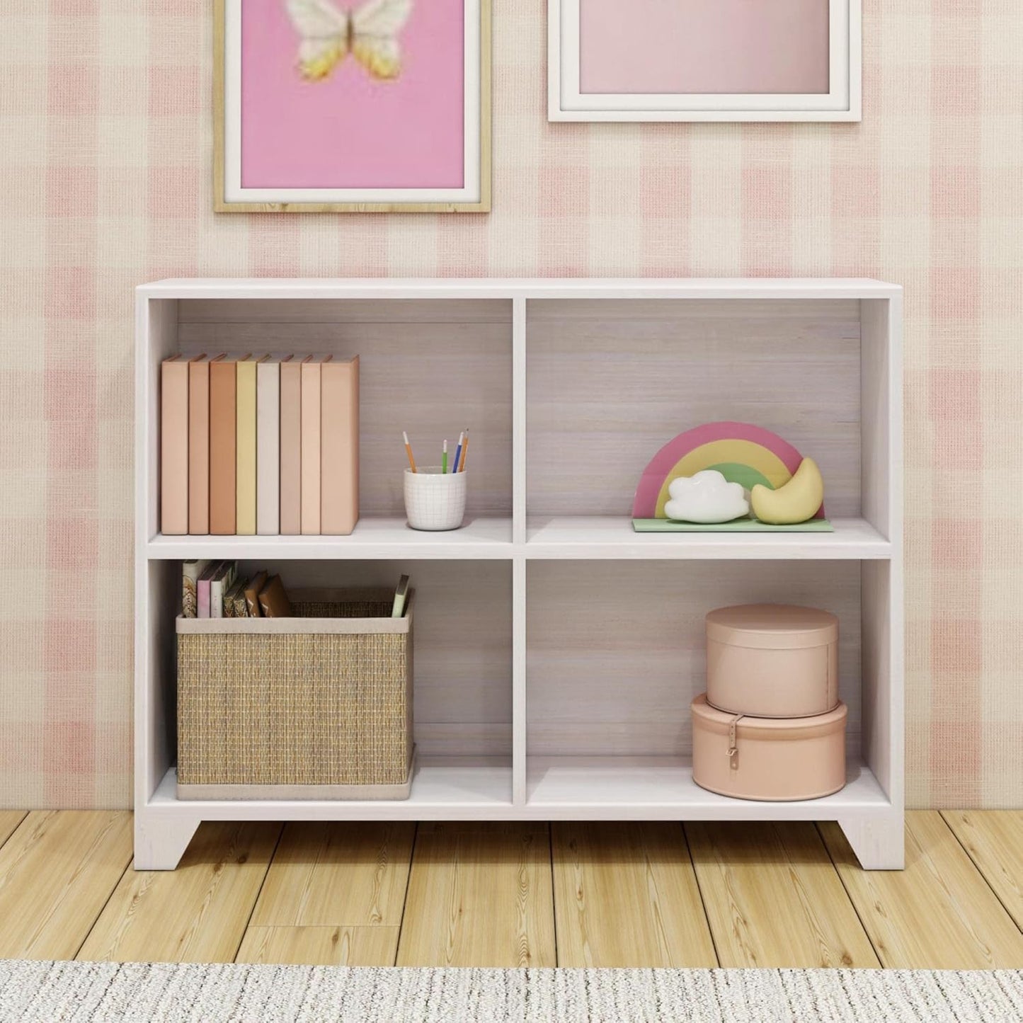 Max & Lily Modern Farmhouse 4-Shelf Bookcase, Solid Wood Bookshelves for Kids Bedroom, White Wash