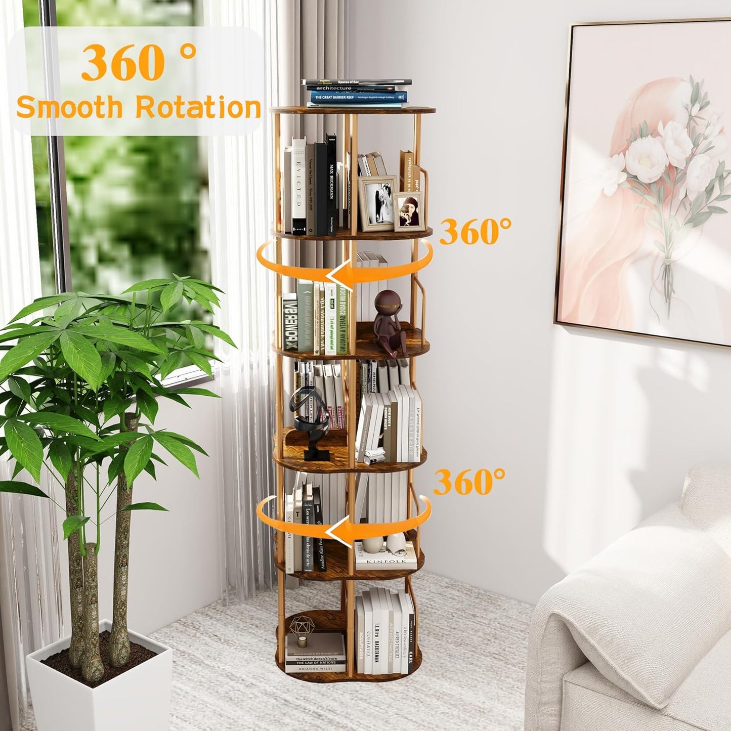 5-Tier Rotating Bookshelf, 360 ° Display Stackable Spinning Bookshelf Tower, Narrow Space Saving Tall Floor Standing Swivel Bookcase Corner Organizer for Bedroom, Living Room, Gold