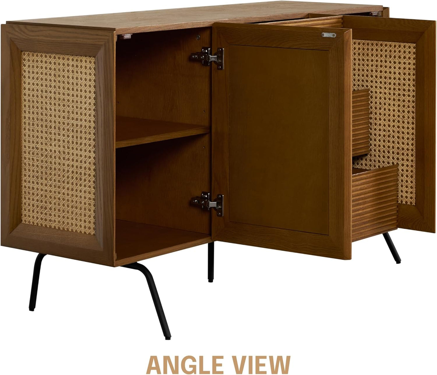 NTC MOSSIC Sideboard with 2 Doors and 3 Drawers, Buffet Cabinet with Natural Rattan and Metal Legs, Modern Storage Cabinet for Living Room, and Hallway, Effortless Assembly - Rustic Oak