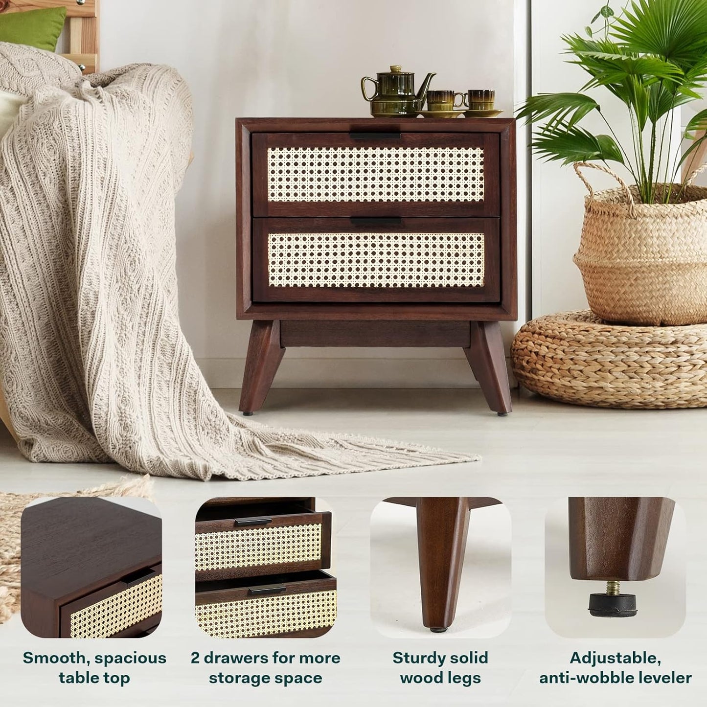 Bme Jasper Deluxe Solid Wood Rattan Nightstand Fully Assembled-Mid Century Modern Side Table with 2 Drawers-Multipurpose use for Living Room, Bedroom-Walnut