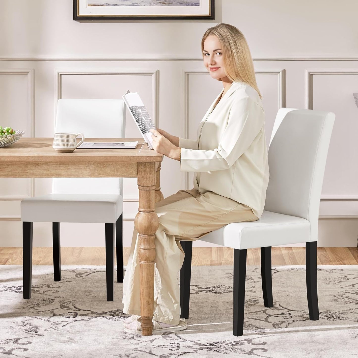 Yaheetech Dining Chairs Set of 2 Faux Leather Modern Dining Room Chairs with Rubberwood Legs and Padded Seat for Kitchen/Living Room/Restaurant, White