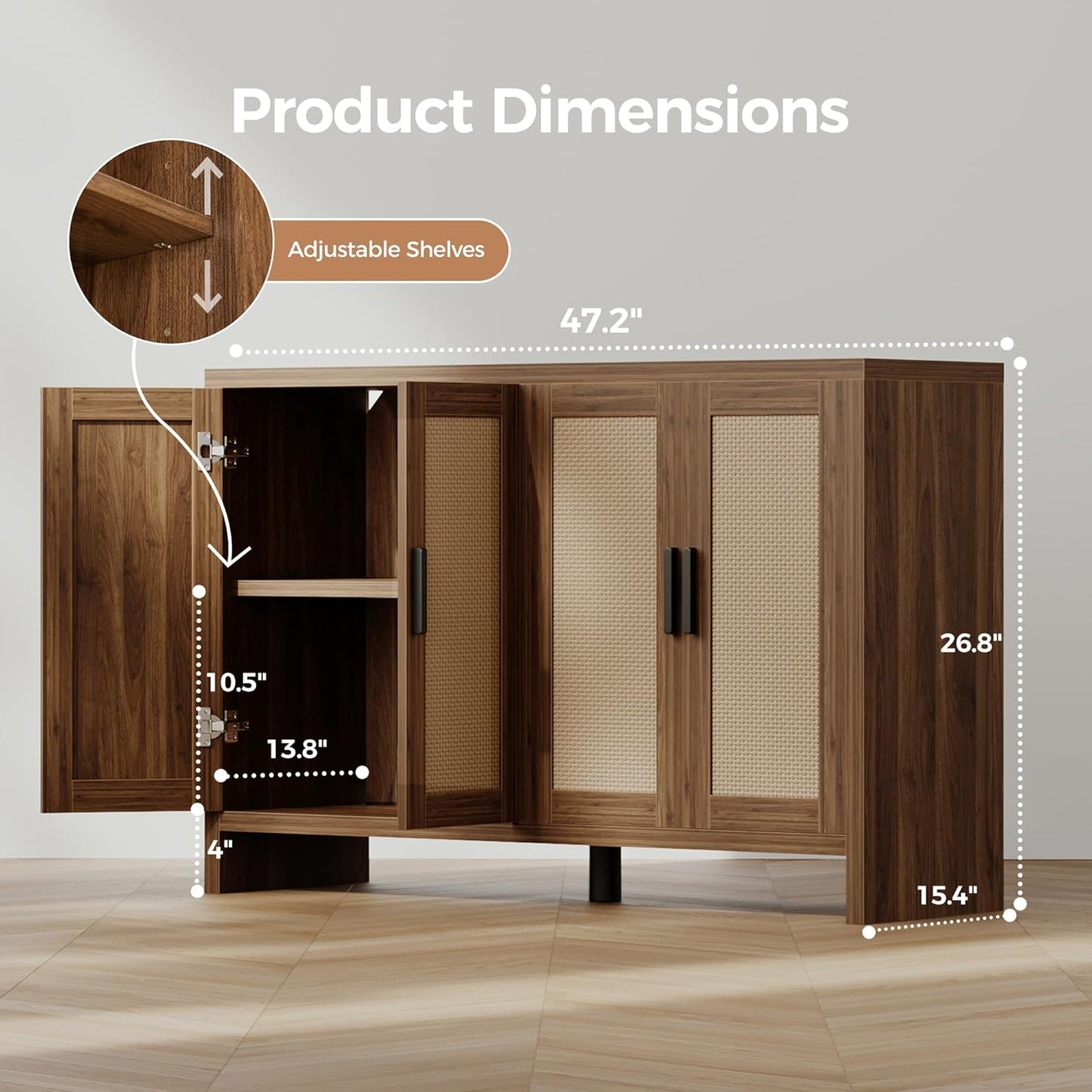 Rattan Buffet Cabinet with Storage, Sideboard Cabinet with Doors and Adjustable Shelves, Farmhouse Coffee Bar Station Table, Modern Wood Cupboard for Kitchen, Livingroom, Walnut