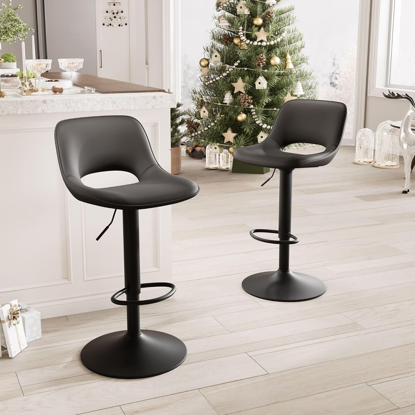 YOUNIKE Black Bar Stools Set of 2 Compact Modern Swivel Barstools, Adjustable Counter Height Bar Stools Faux Leather Upholstered Bar Stool with Hollow Back for Kitchen Island