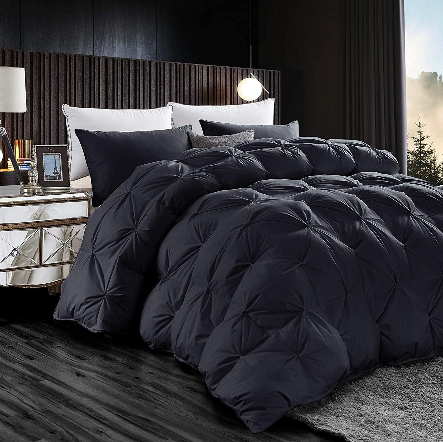 Luxurious All-Season Goose Down Feather Fiber Comforter California King Size Duvet Insert, Exquisite Pinch Pleat Design, Premium Baffle Box, 100% Egyptian Cotton Cover, 80 oz. Fill Weight, Black