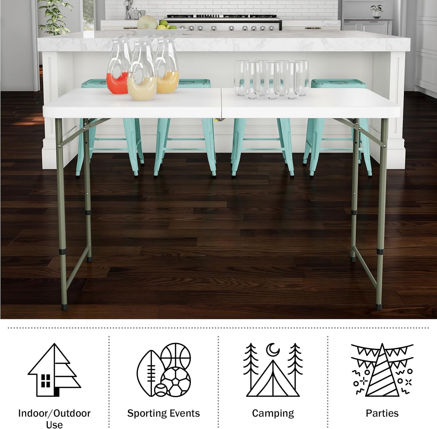 Adjustable Folding Table - Portable 4-Foot Plastic Utility Tabletop with 2 Height Settings - Indoor and Outdoor Seating by Lavish Home (White)