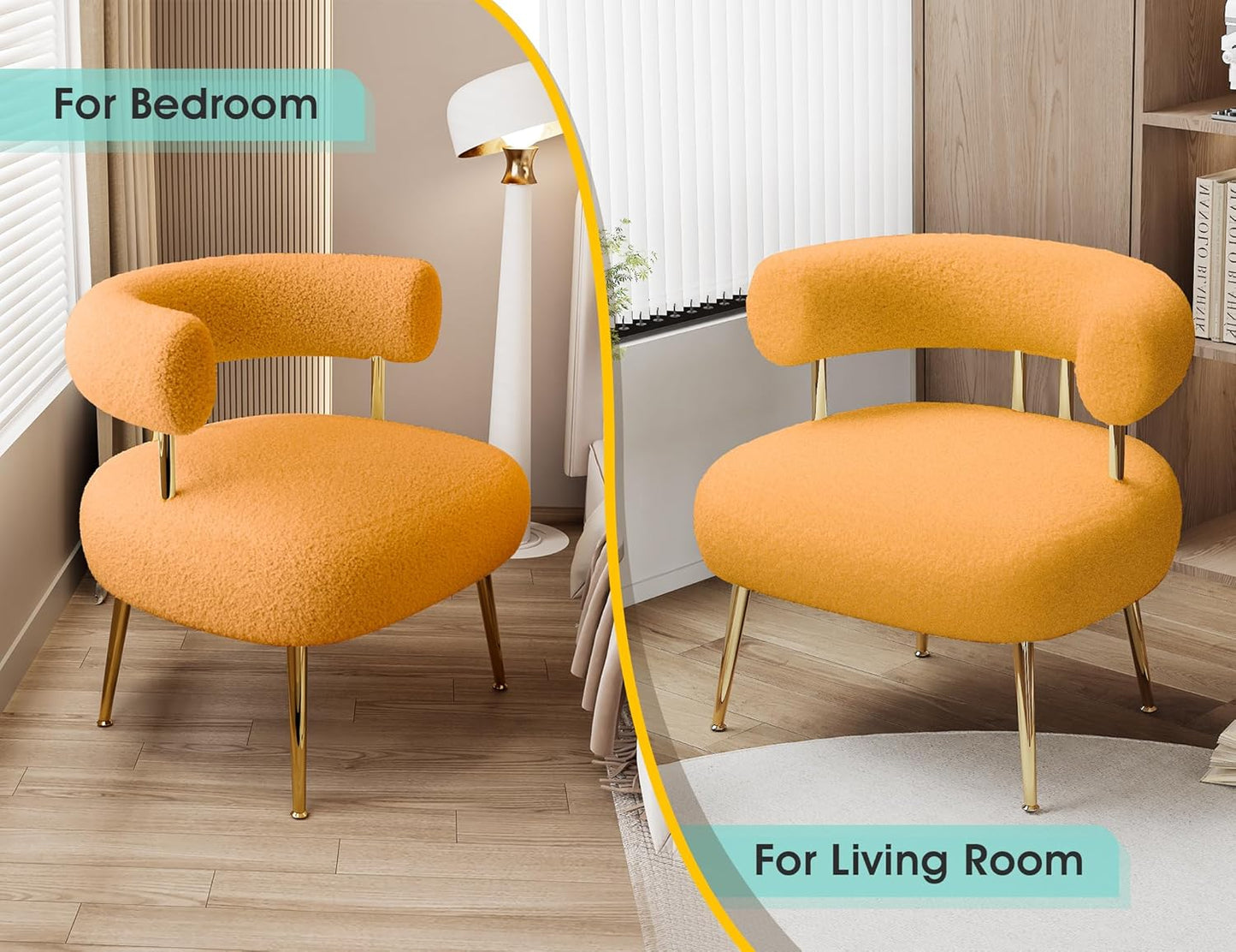 Mid Century Sherpa Boucle Accent Chair, Round Upholstered Barrel Arm Chair for Small Spaces, Fluffy Side Corner Sofa Chair for Living Room, Bedroom, Vanity, Office, Reading Nook(Yellow)