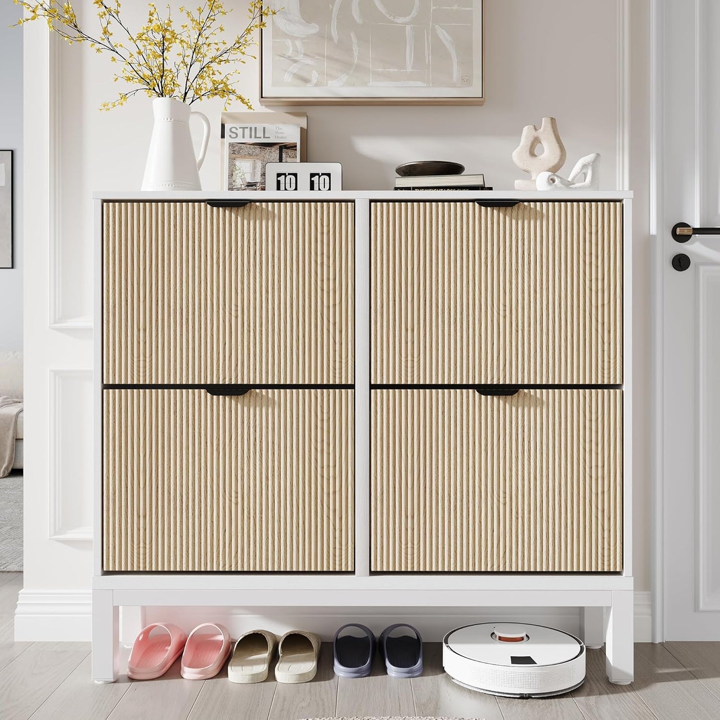 GarveeHome Fluted Shoe Storage Cabinet with 4 Flip Drawers, Narrow Wooden Shoe Organizer with Metal Legs, Modern Farmhouse Hidden Shoe Rack for Entryway, Hallway, White+Oak