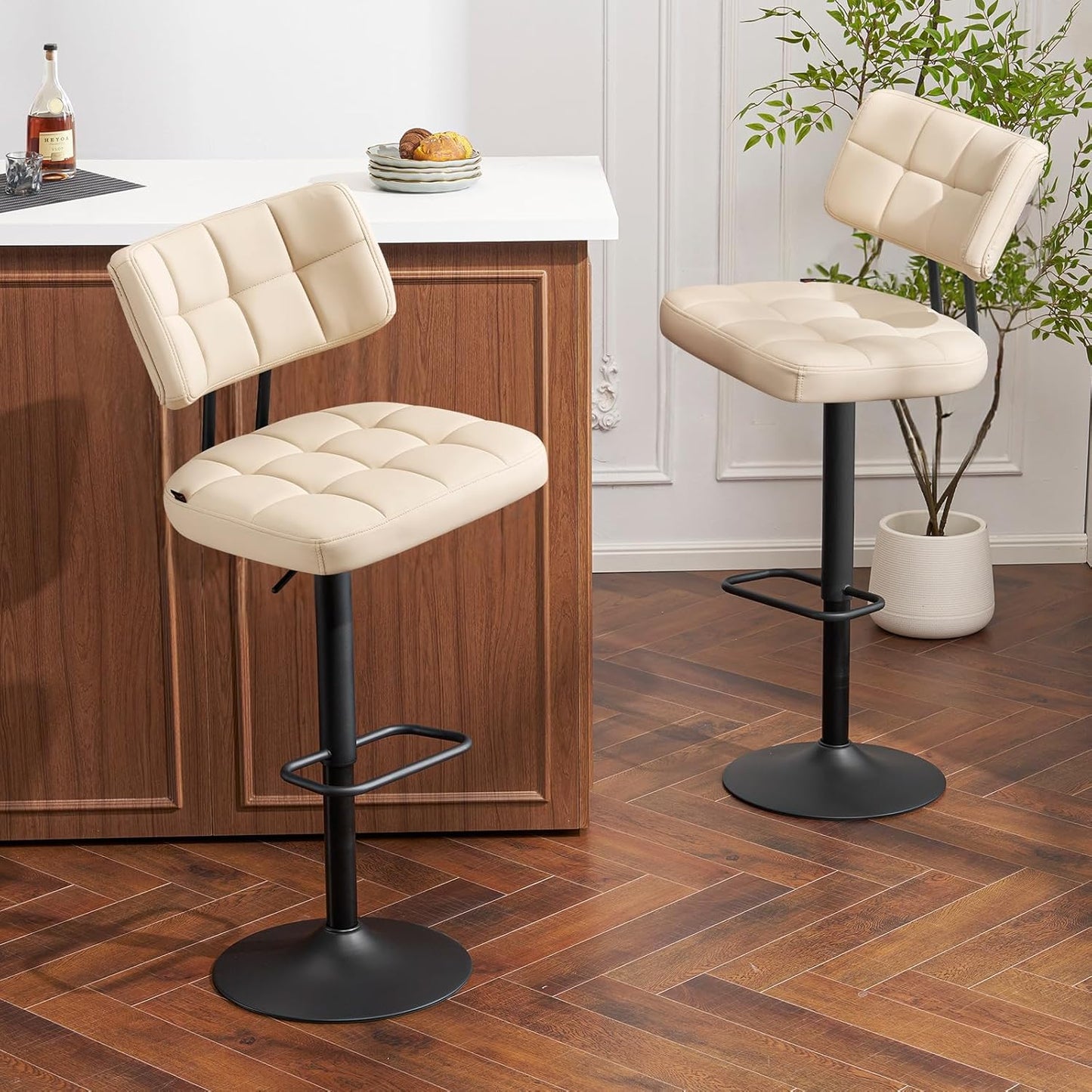 Furniliving Upholstered Bar Stools Set of 4, Faux Leather Swivel Bar Stools with Back, Adjustable Counter Height Barstools for Kitchen Island, Dining Space, Beige